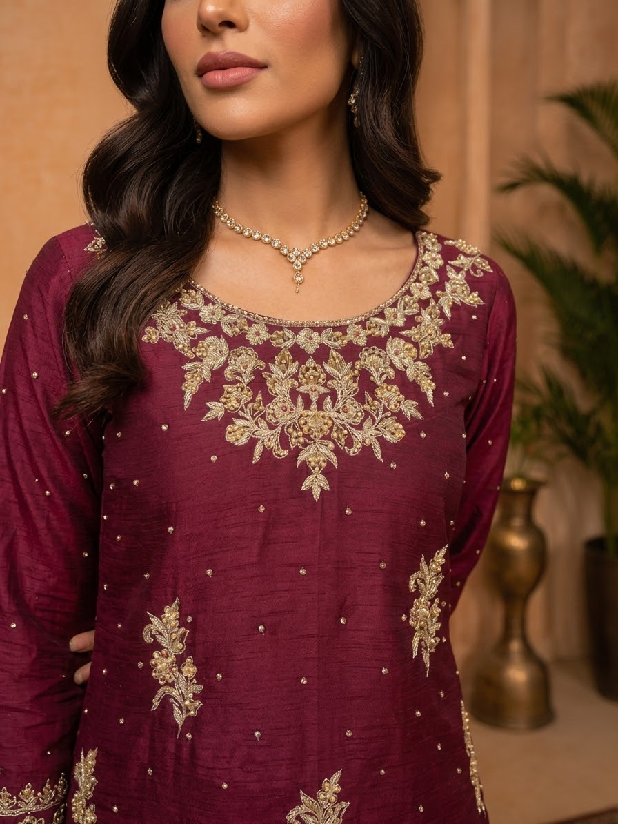 Burgundy (Rich Maroon) Handcrafted Slub Silk Sharara | Luxury Pret | 3 Pc