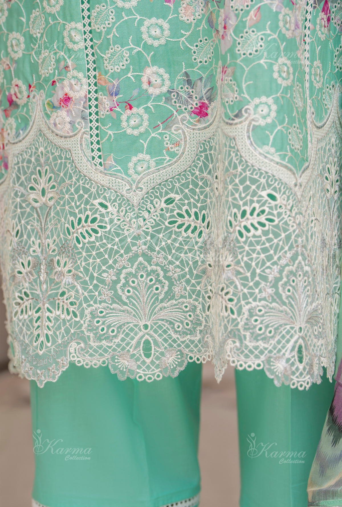 Karma Electric Blue Chikankari Lawn 3 Piece Stitched Suit