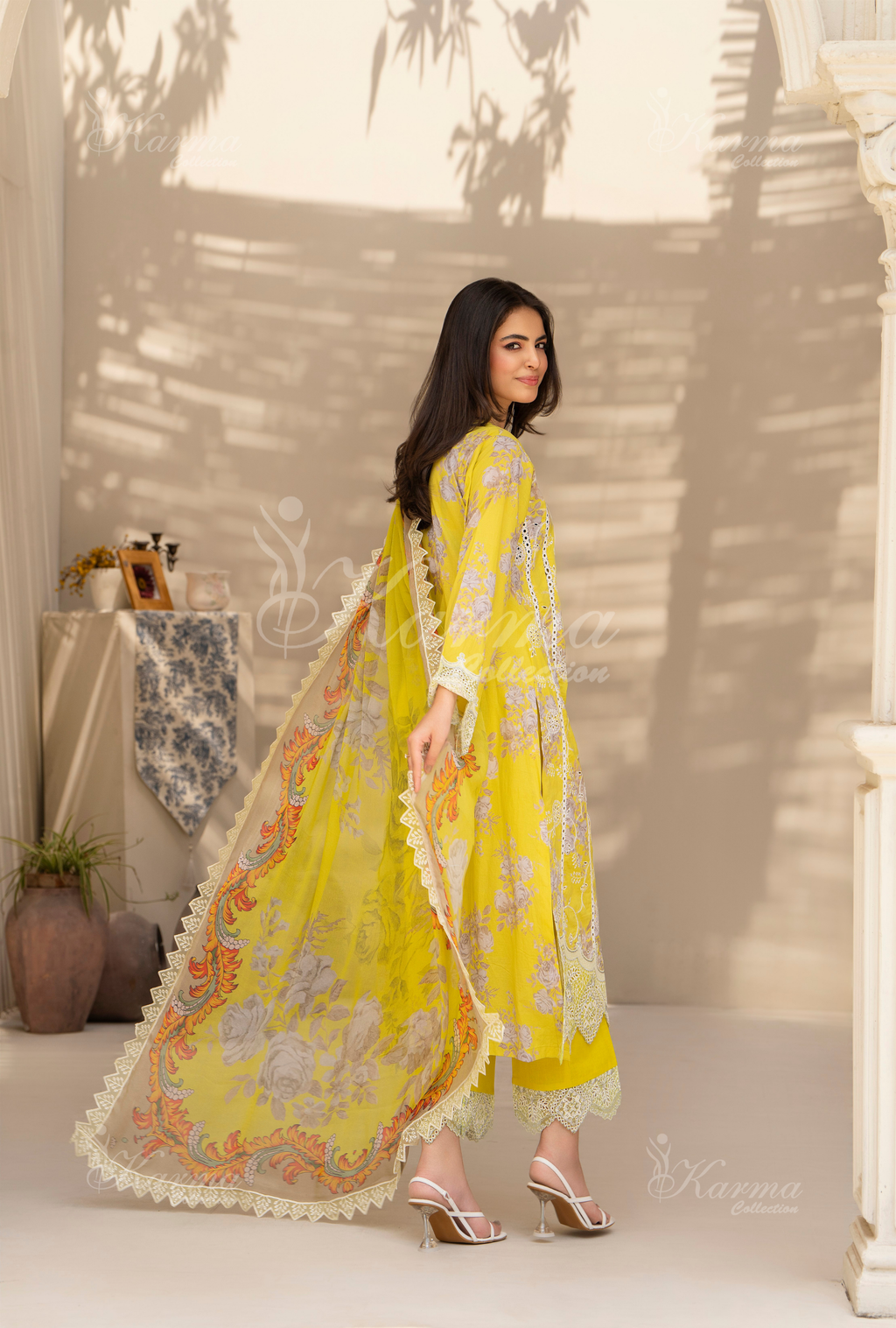 Karma Lemon Green Chikankari Lawn 3 Piece Stitched Suit