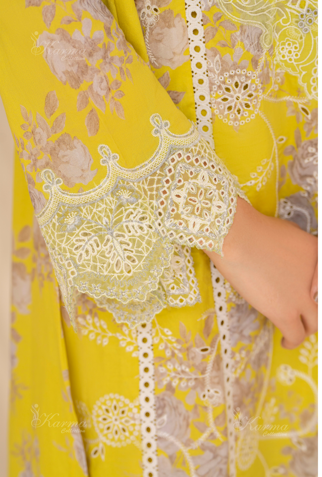 Karma Lemon Green Chikankari Lawn 3 Piece Stitched Suit