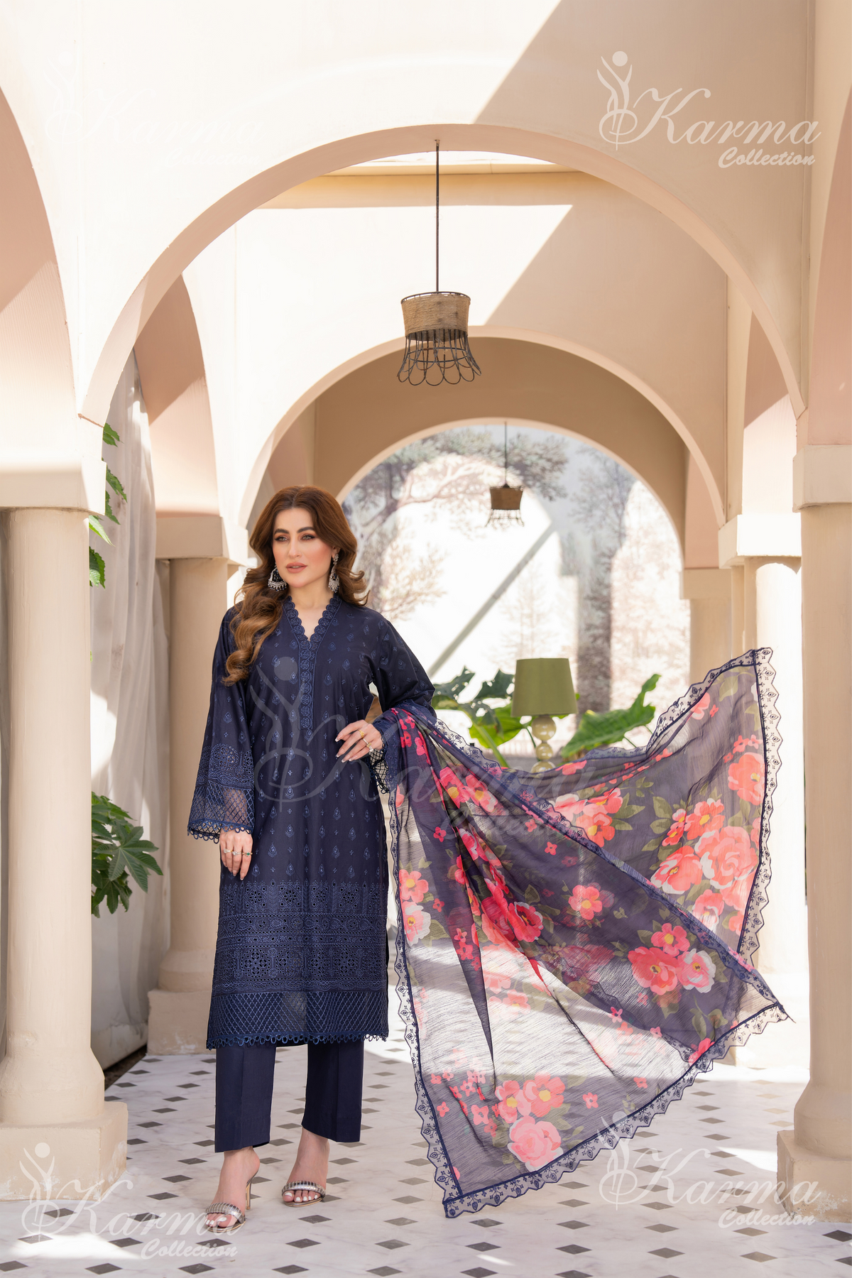 Karma Dark Navy Blue Chikankari Cotton 3 Piece Stitched Suit - Product Image 1
