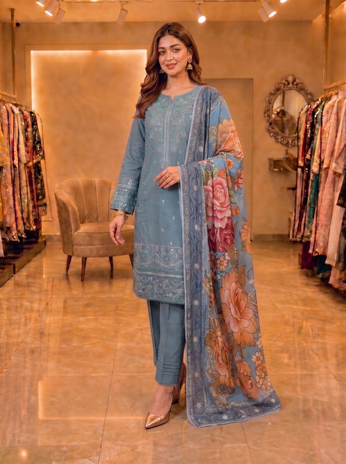 Dusty Teal Embroidered Pure Cotton Suit | 3-Piece Digital Print Dupatta