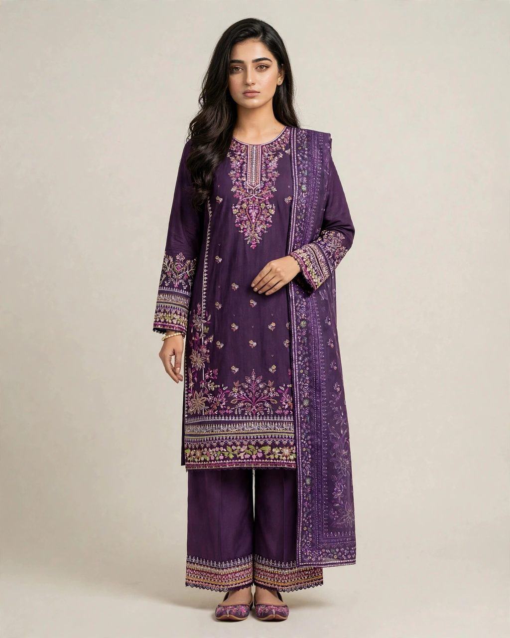 Midnight Plum | Pure Cotton Long Shirt & Palazzo Set | Digital Dupatta | Sequence Tilla & Zari Work | Festive Edit