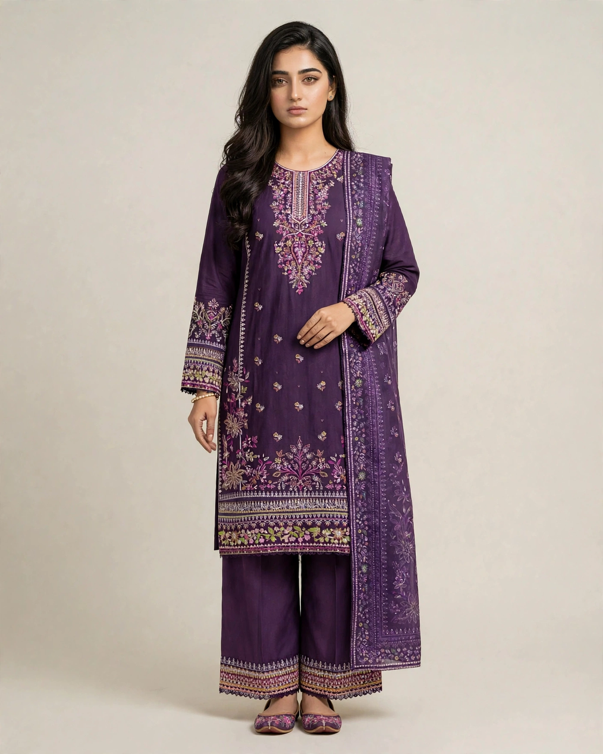 Midnight Plum | Pure Cotton Long Shirt & Palazzo Set | Digital Dupatta | Sequence Tilla & Zari Work | Festive Edit