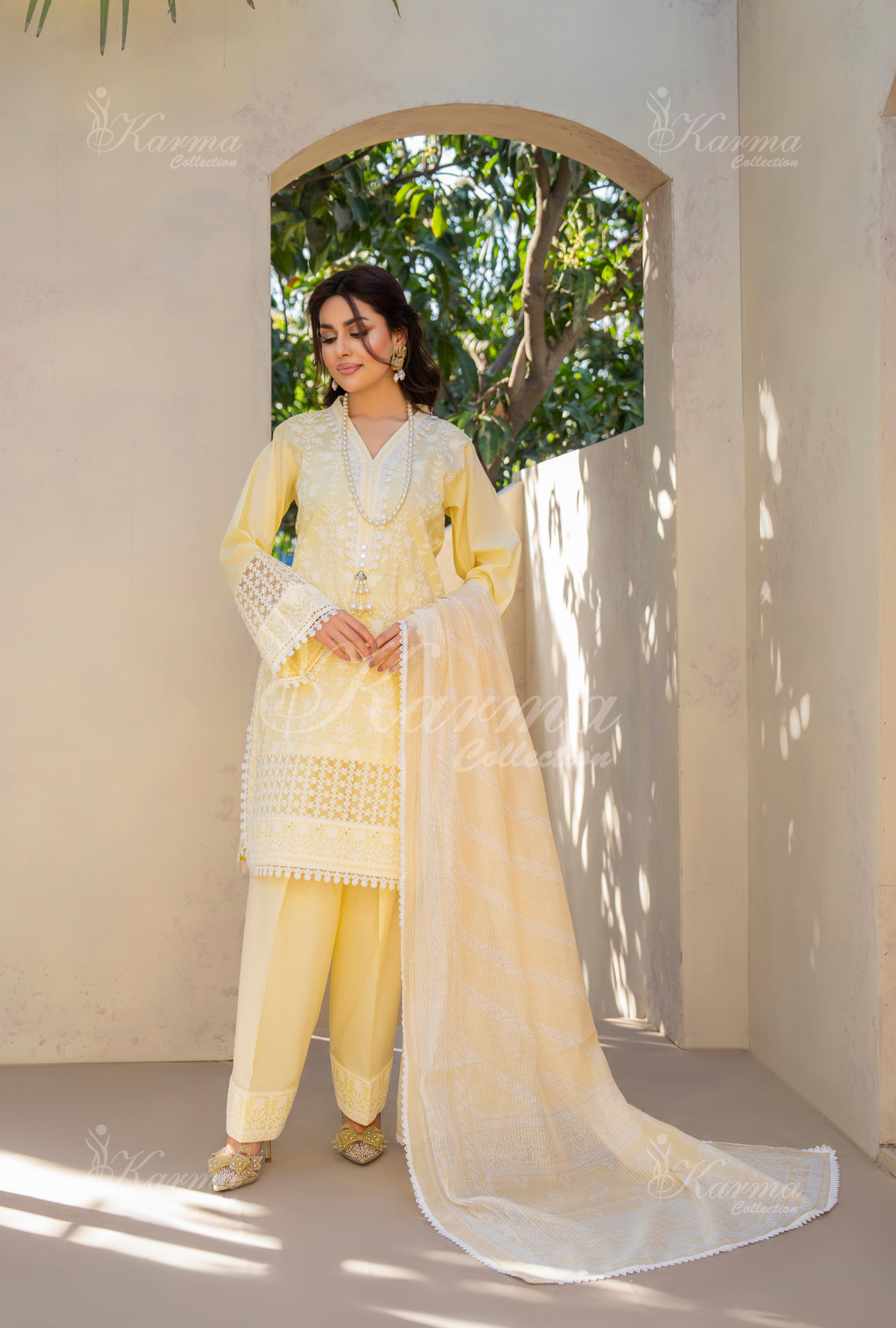 Karma Butter Yellow Embroidered Short Shirt Farshi Shalwar 3 Piece Suit - Product Image 1