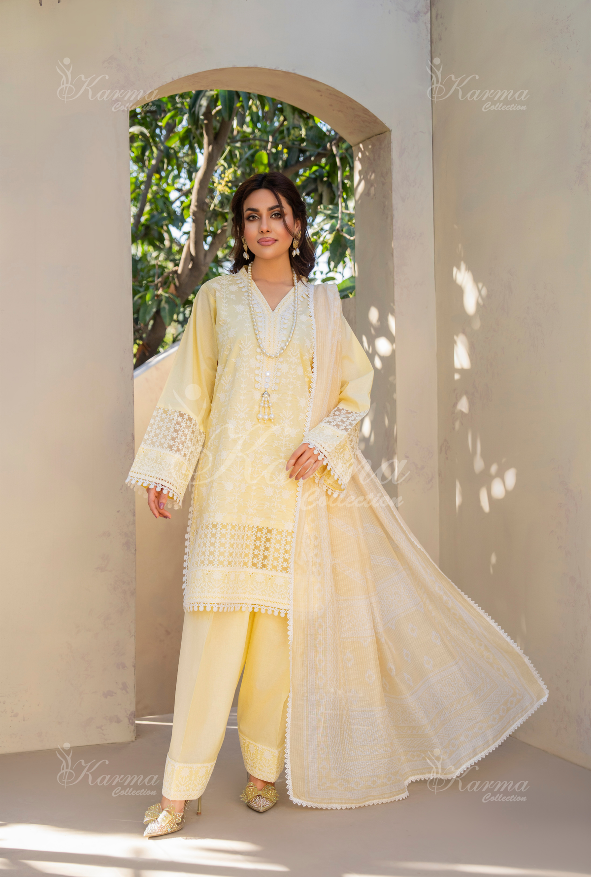 Karma Butter Yellow Embroidered Short Shirt Farshi Shalwar 3 Piece Suit - Product Image 6