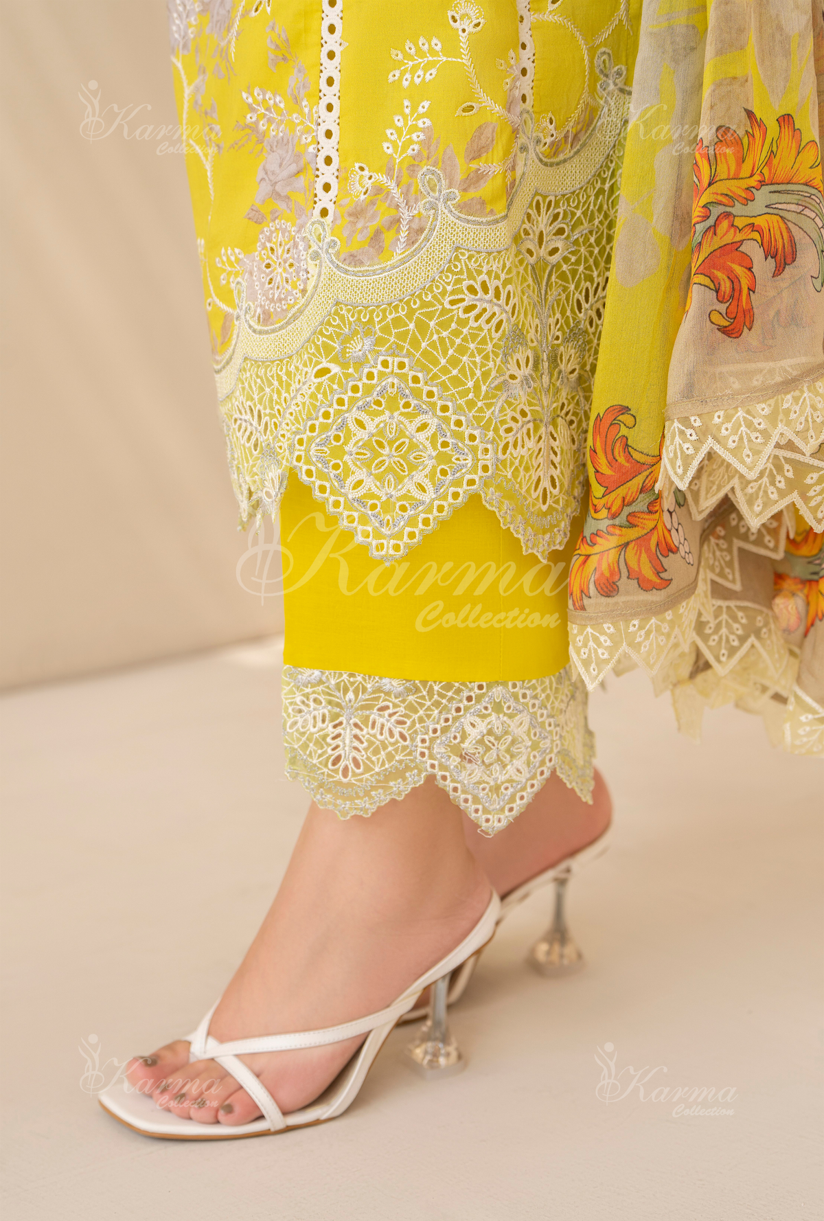 Karma Lemon Green Chikankari Lawn 3 Piece Stitched Suit