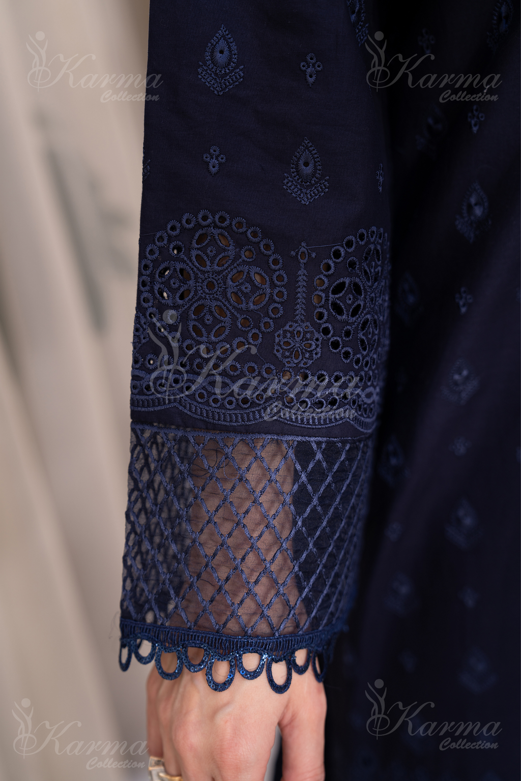 Karma Dark Navy Blue Chikankari Cotton 3 Piece Stitched Suit - Product Image 6