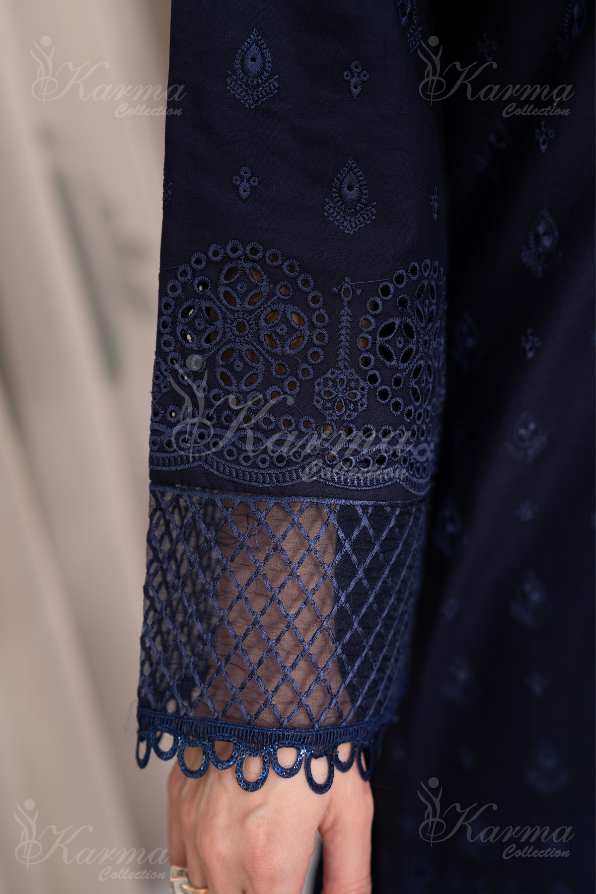 Karma Dark Navy Blue Chikankari Cotton 3 Piece Stitched Suit - Product Image 6