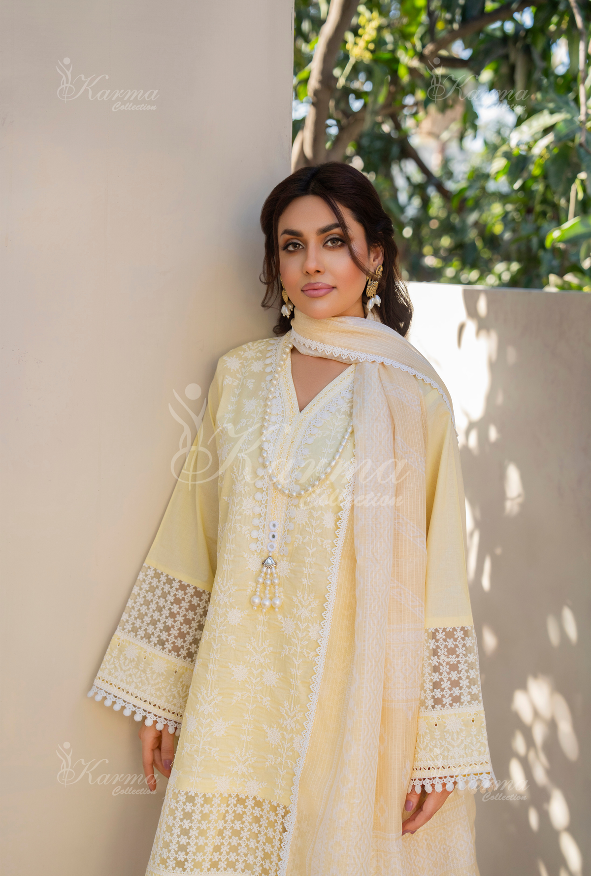 Karma Butter Yellow Embroidered Short Shirt Farshi Shalwar 3 Piece Suit - Product Image 4