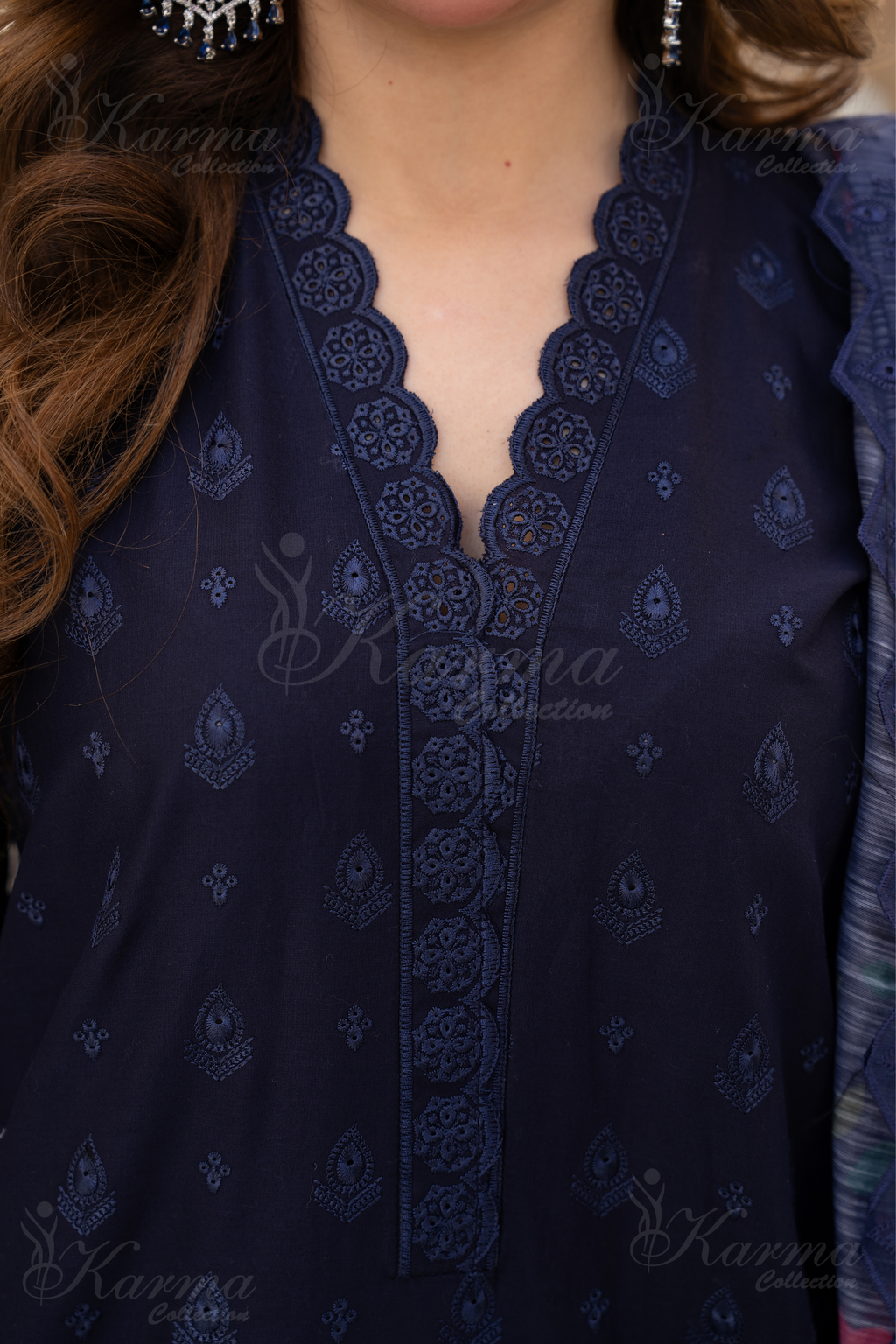 Karma Dark Navy Blue Chikankari Cotton 3 Piece Stitched Suit - Product Image 7