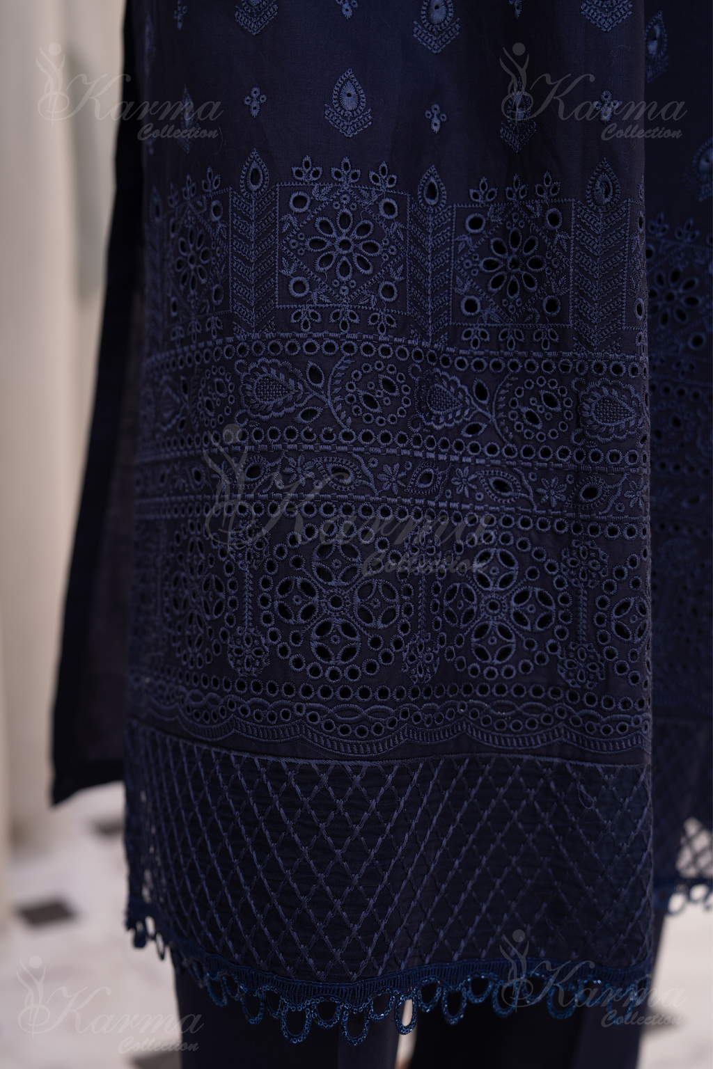 Karma Dark Navy Blue Chikankari Cotton 3 Piece Stitched Suit - Product Image 8