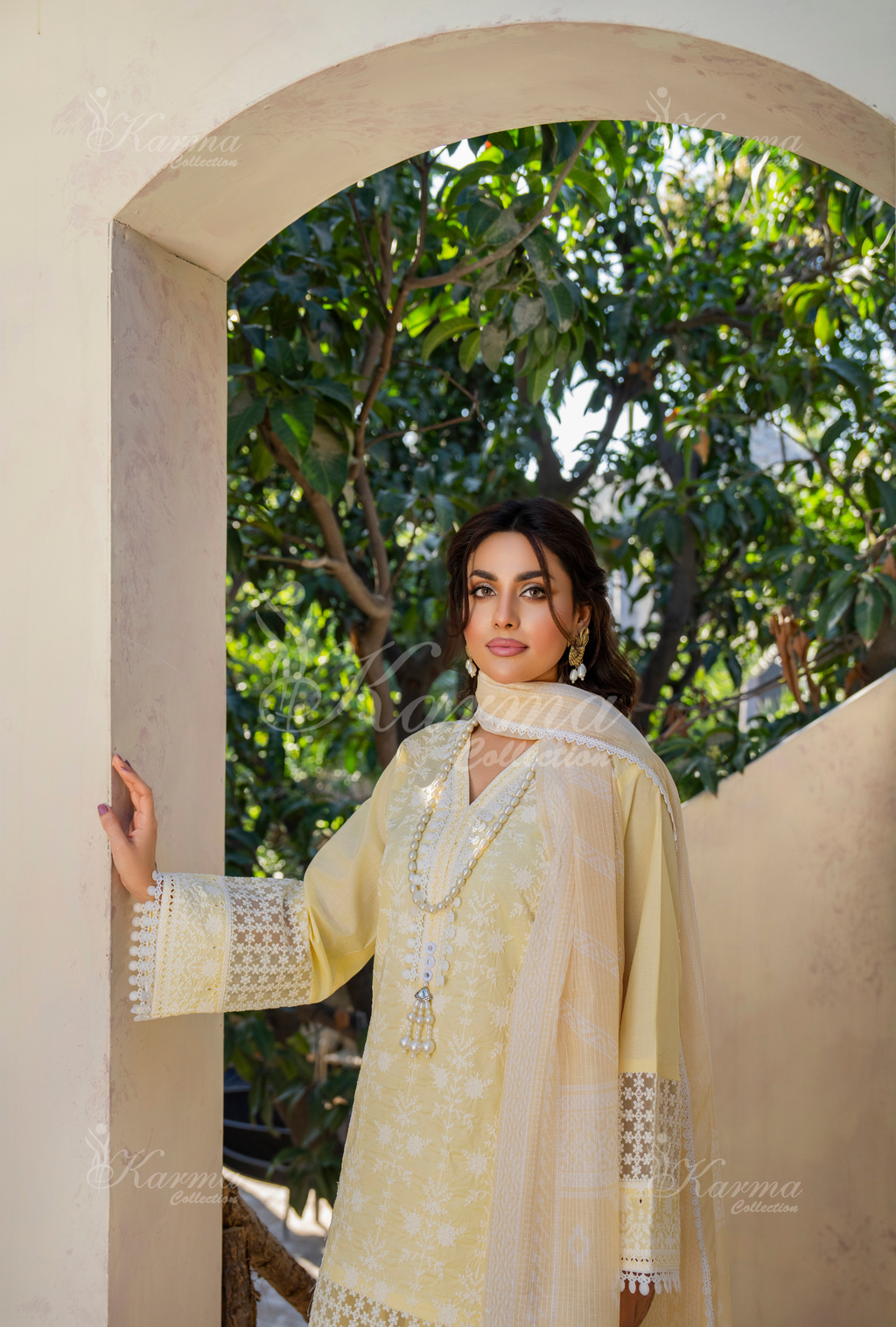 Karma Butter Yellow Embroidered Short Shirt Farshi Shalwar 3 Piece Suit - Product Image 5