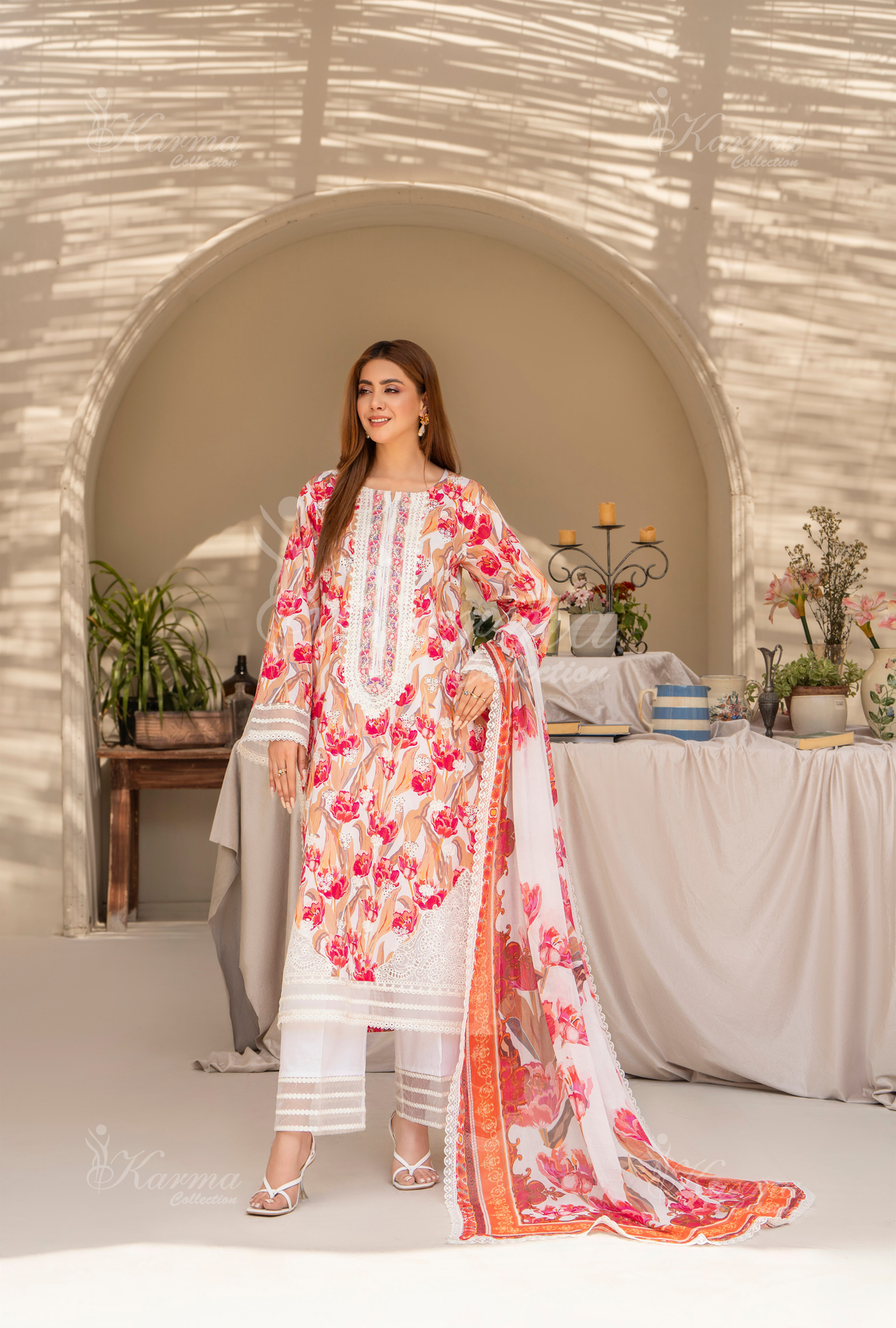 Karma Burnt Sienna Chikankari Lawn 3 Piece Stitched Suit