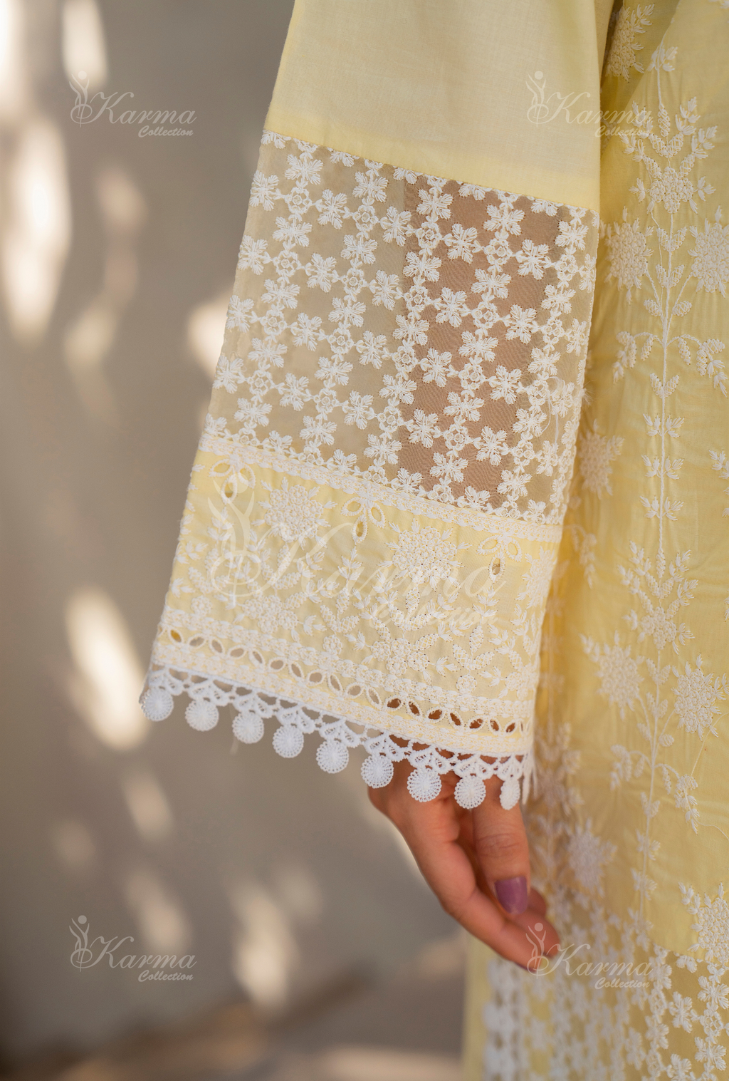 Karma Butter Yellow Embroidered Short Shirt Farshi Shalwar 3 Piece Suit - Product Image 2