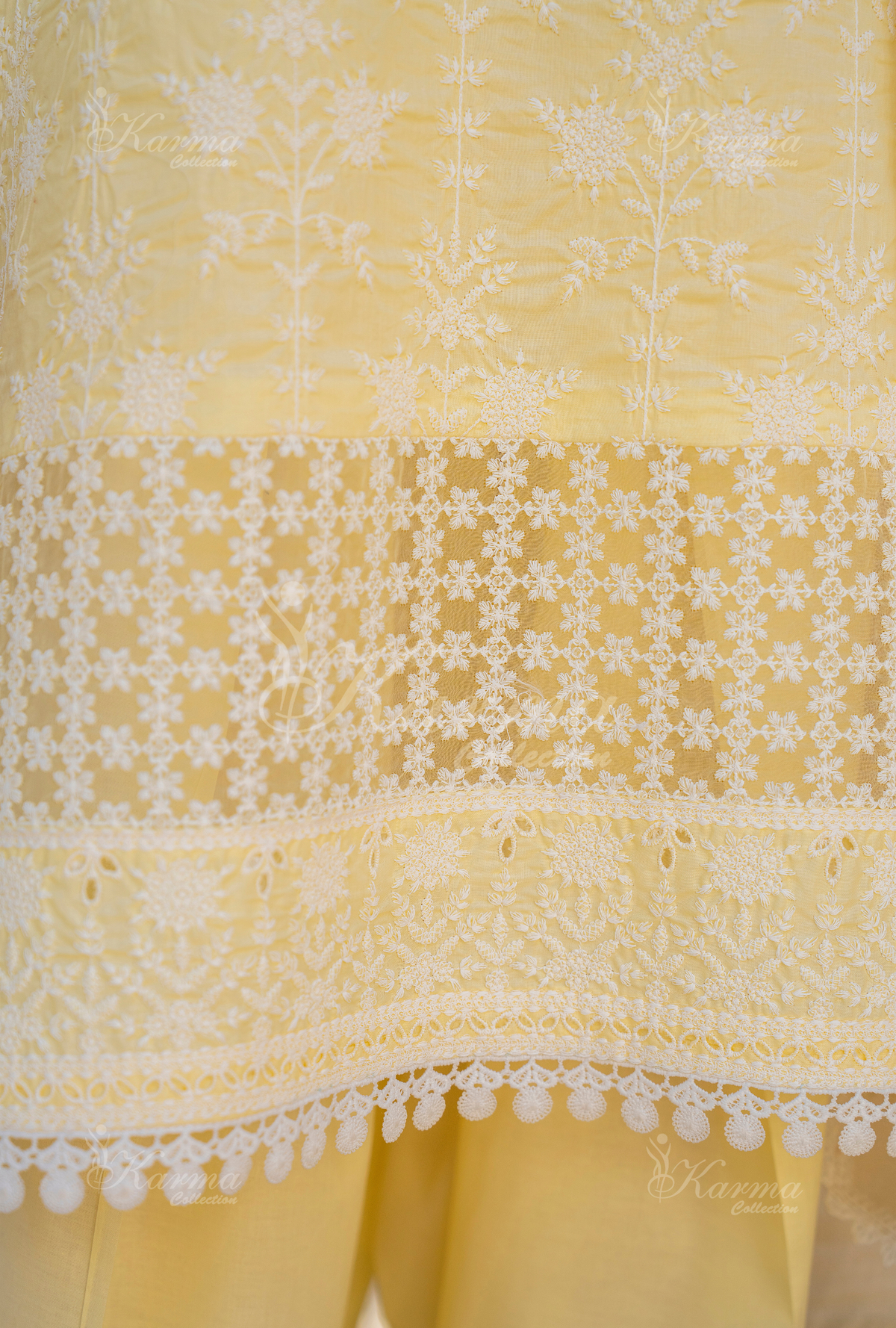 Karma Butter Yellow Embroidered Short Shirt Farshi Shalwar 3 Piece Suit - Product Image 3