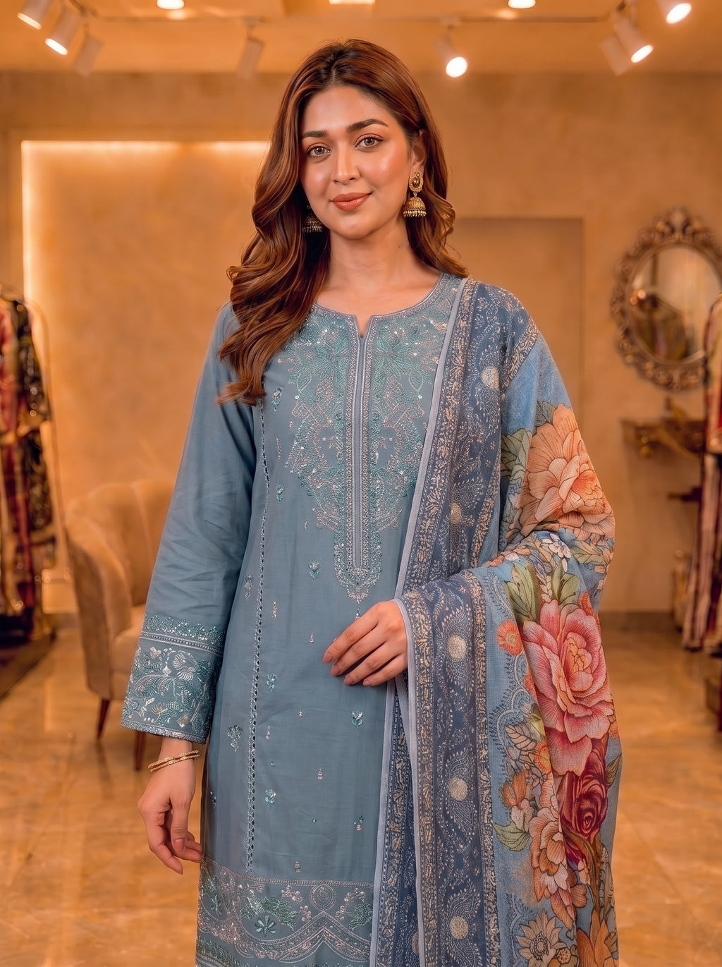 Dusty Teal Embroidered Pure Cotton Suit | 3-Piece Digital Print Dupatta