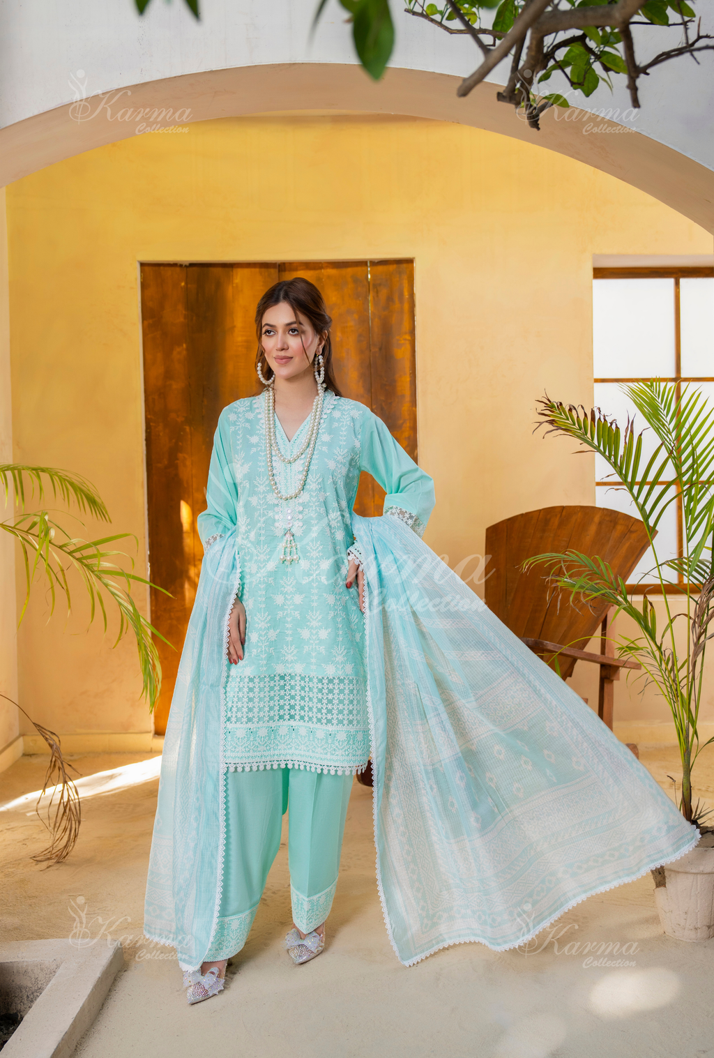 Karma Pastel Teal Embroidered Short Shirt Farshi Shalwar 3 Piece Suit - Product Image 1