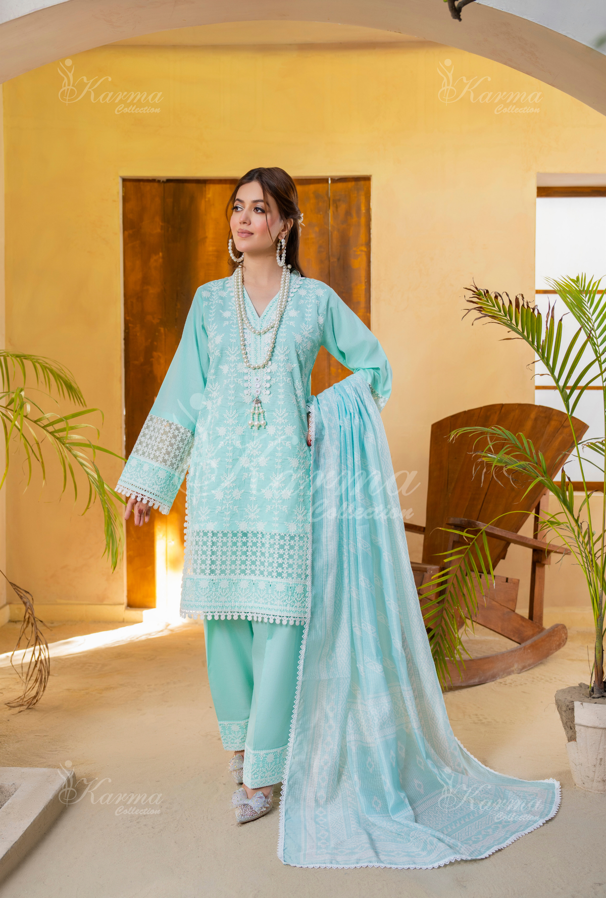 Karma Pastel Teal Embroidered Short Shirt Farshi Shalwar 3 Piece Suit - Product Image 6