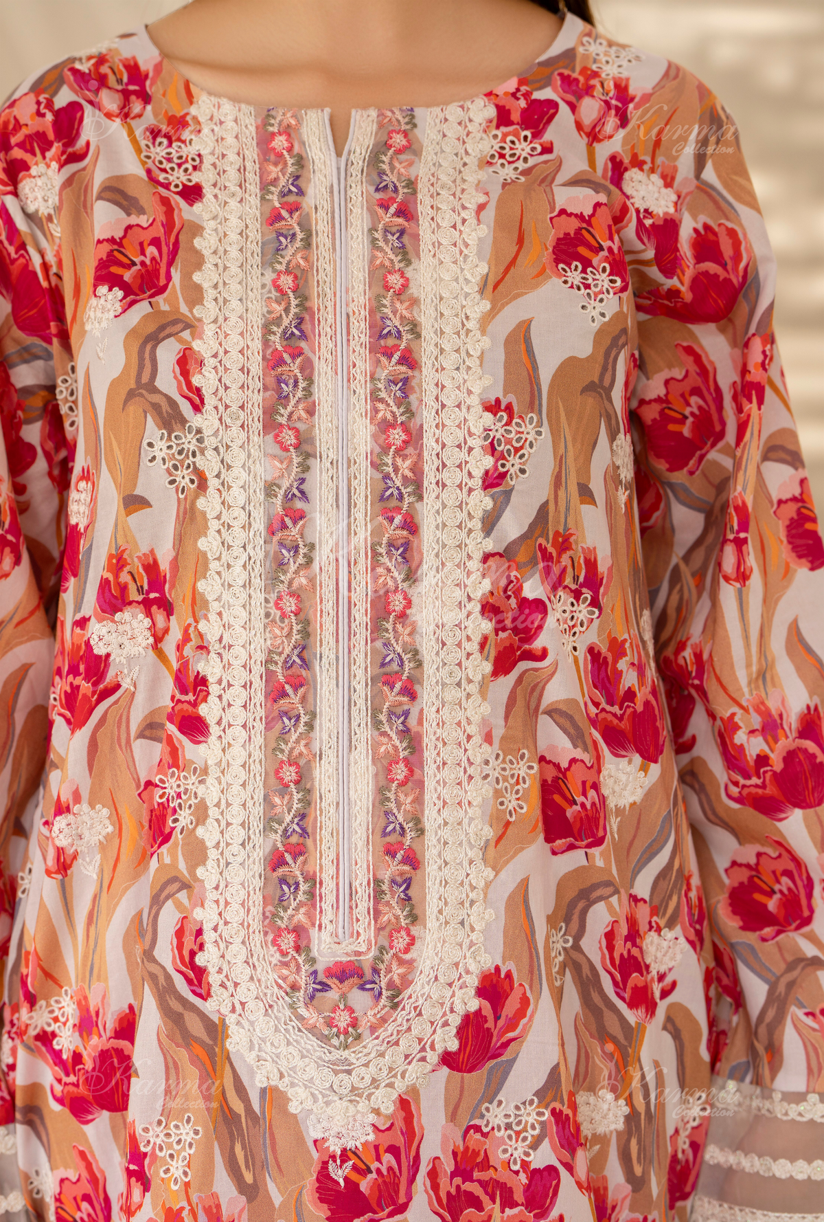Karma Burnt Sienna Chikankari Lawn 3 Piece Stitched Suit