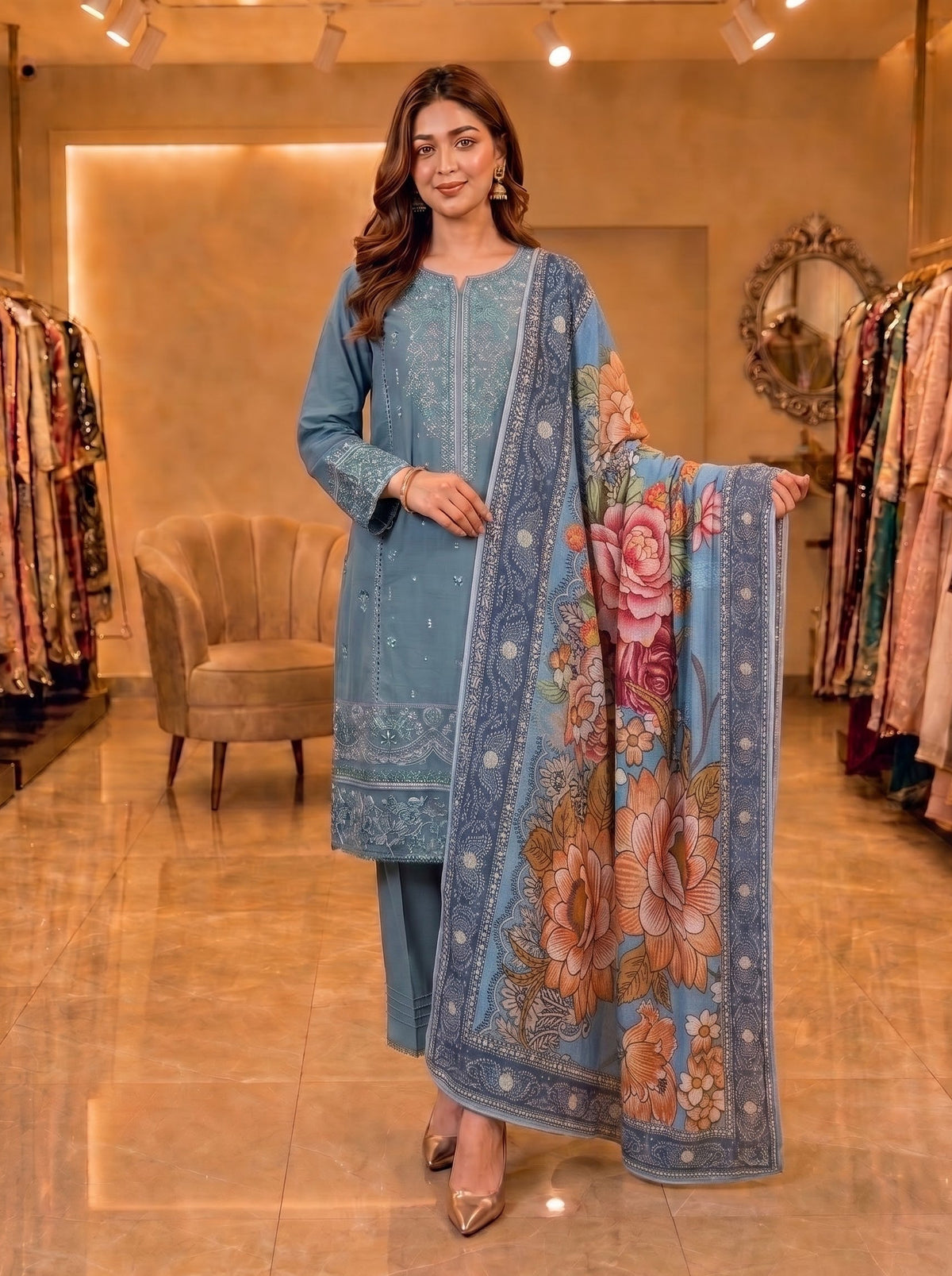 Dusty Teal Embroidered Pure Cotton Suit | 3-Piece Digital Print Dupatta