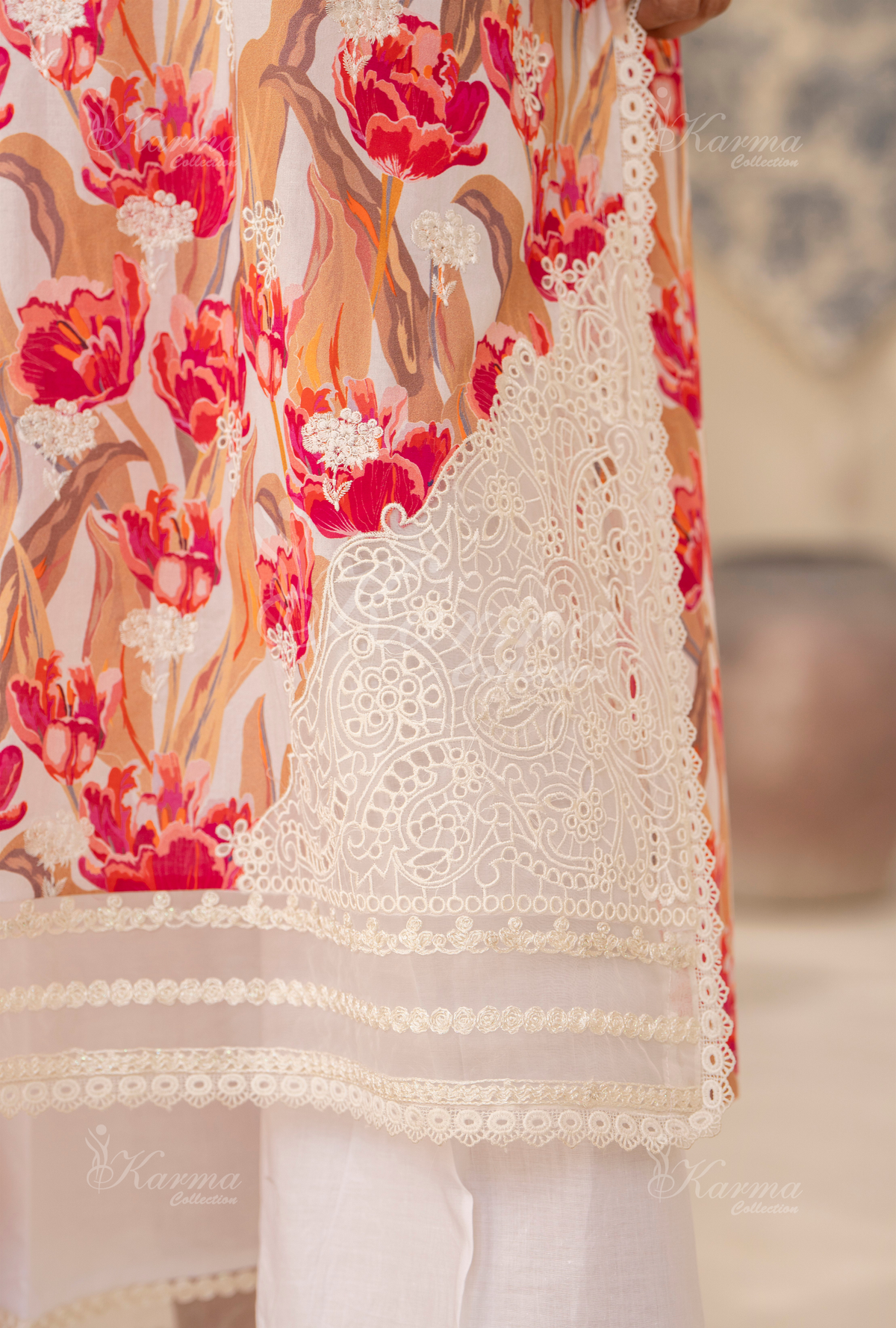 Karma Burnt Sienna Chikankari Lawn 3 Piece Stitched Suit