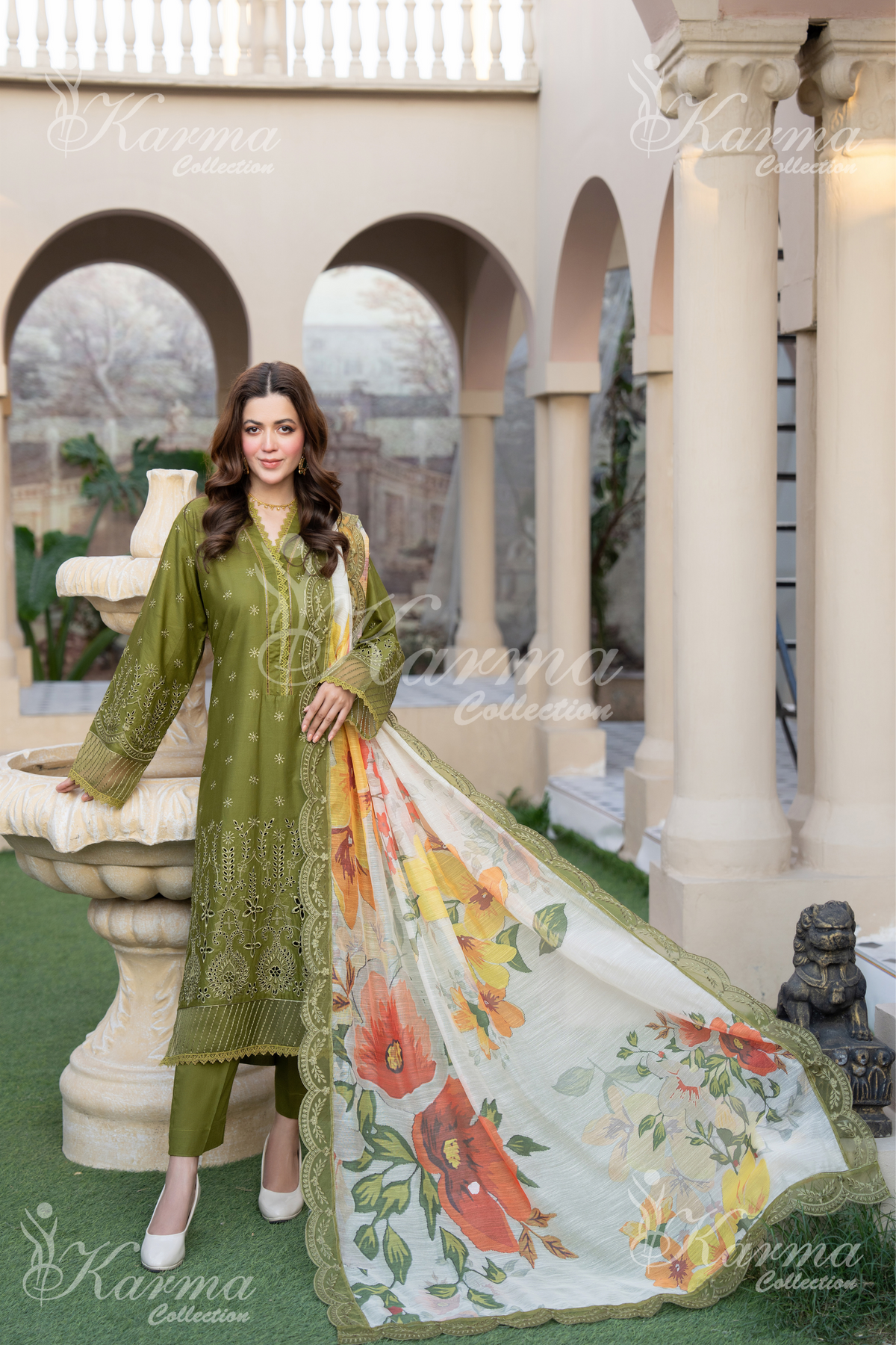 Karma Olive Chikankari Cotton 3 Piece Stitched Suit - Product Image 1