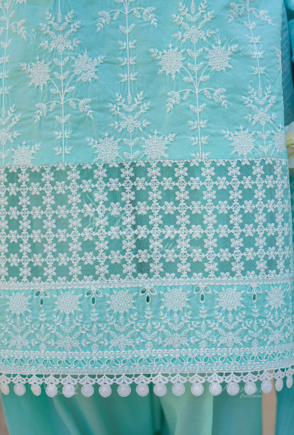 Karma Pastel Teal Embroidered Short Shirt Farshi Shalwar 3 Piece Suit - Product Image 2