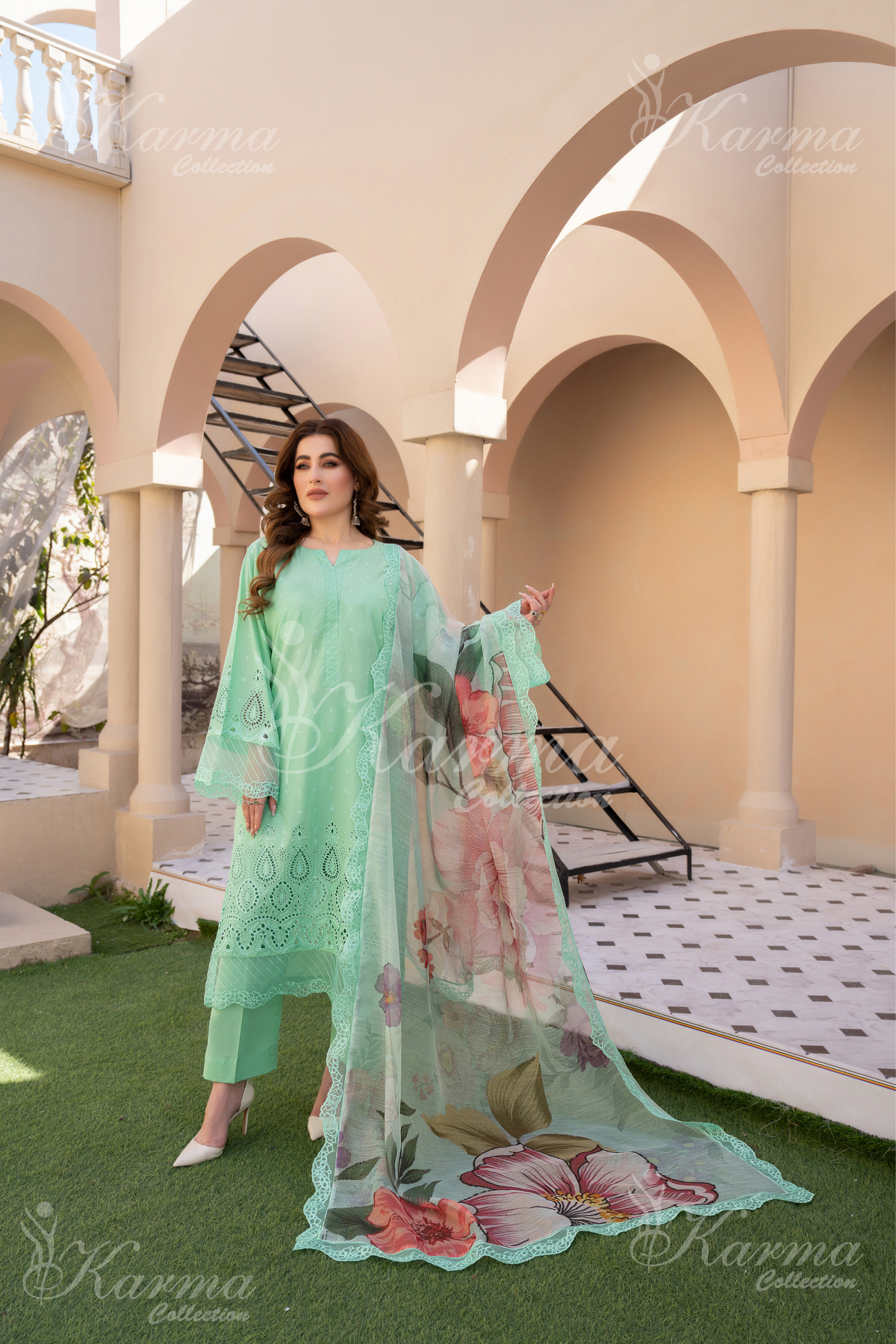 Karma Aqua Marine Chikankari Cotton 3 Piece Stitched Suit - Product Image 1
