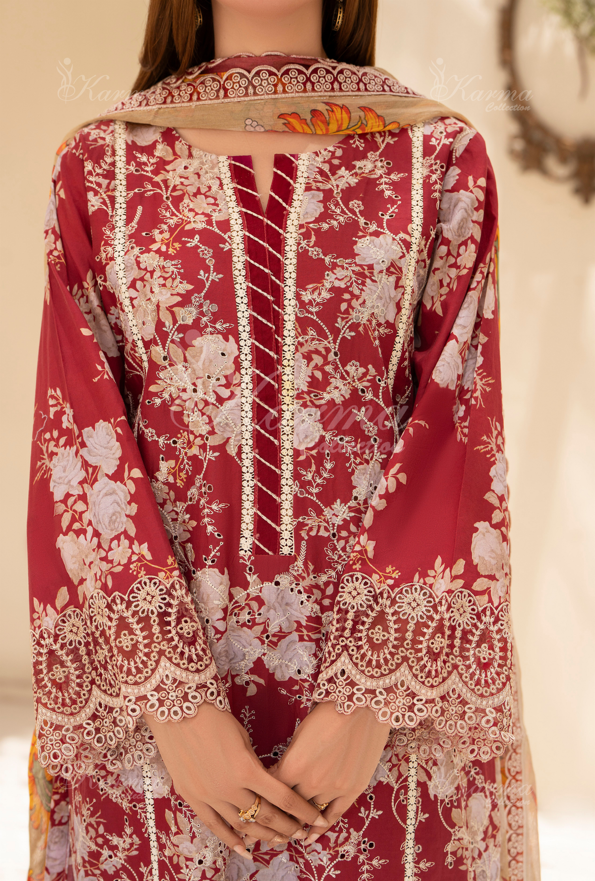 Karma Blush Red Chikankari Lawn 3 Piece Stitched Suit