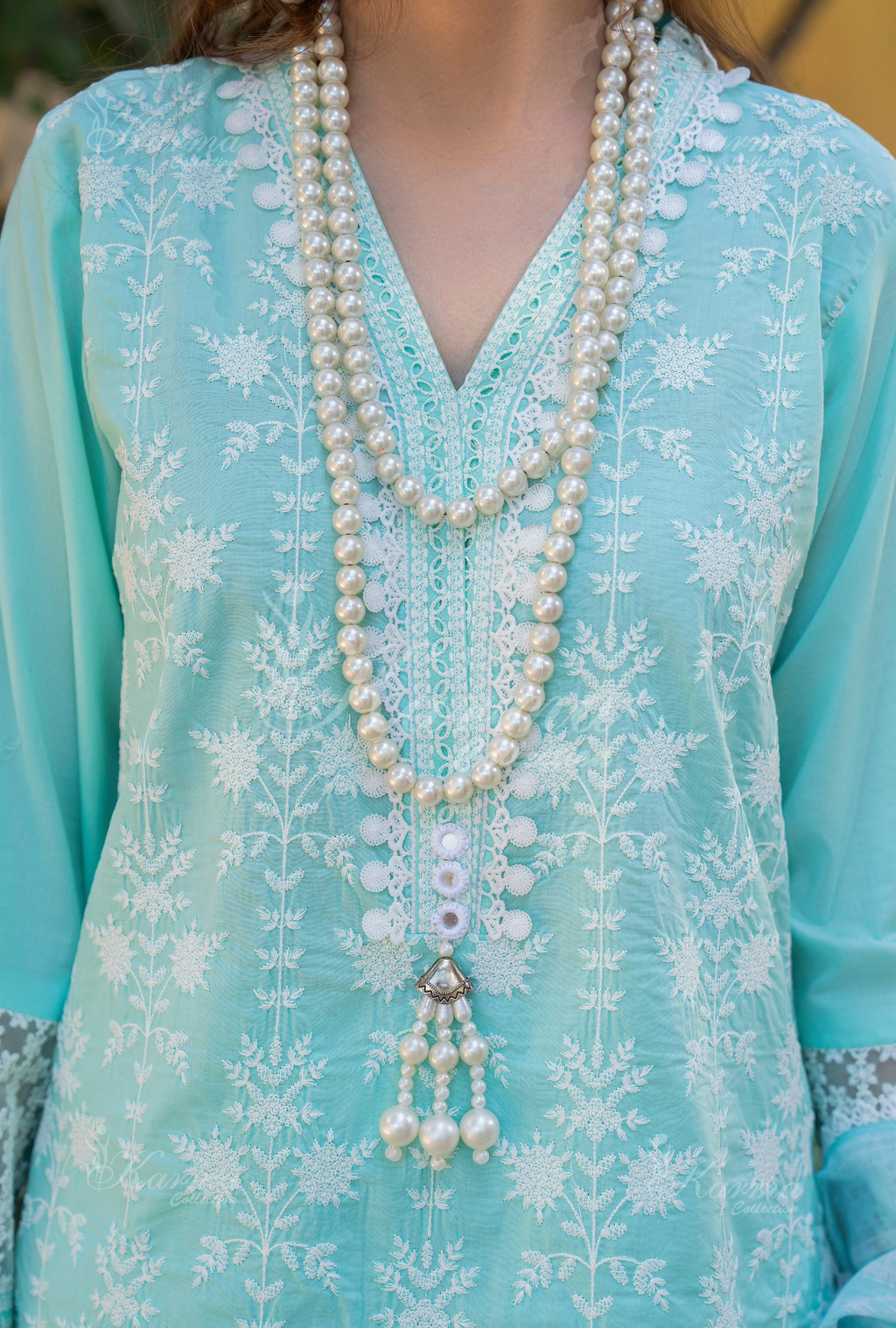 Karma Pastel Teal Embroidered Short Shirt Farshi Shalwar 3 Piece Suit - Product Image 3