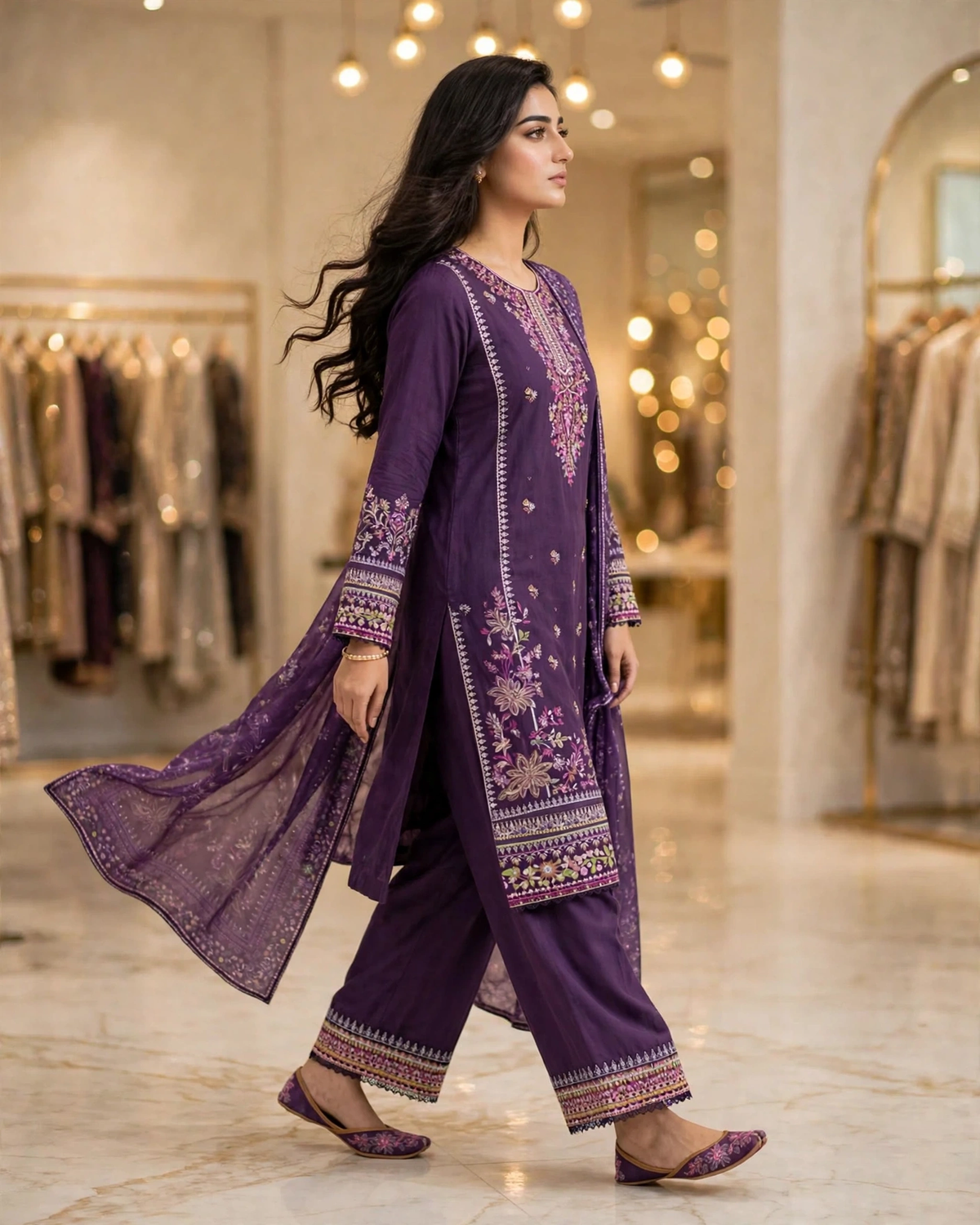 Midnight Plum | Pure Cotton Long Shirt & Palazzo Set | Digital Dupatta | Sequence Tilla & Zari Work | Festive Edit