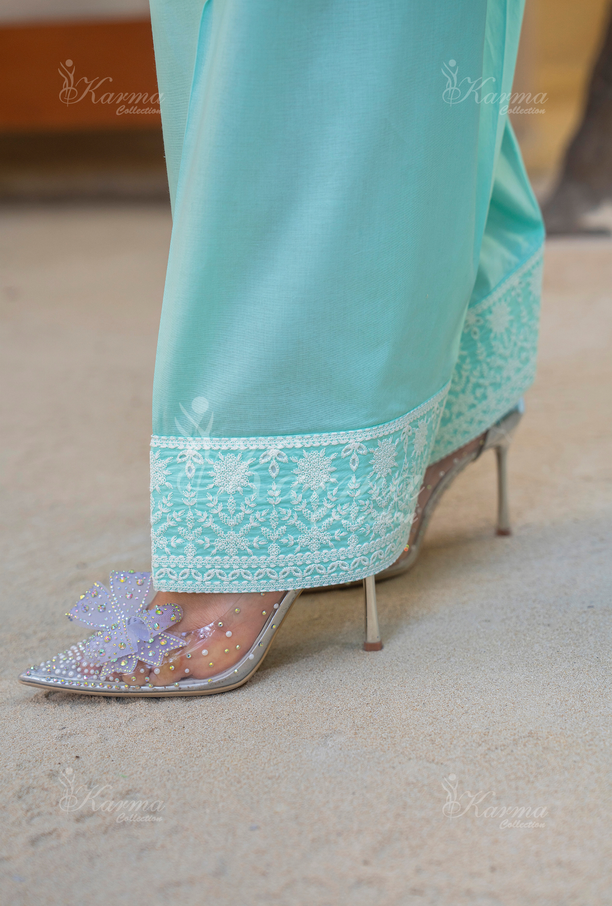 Karma Pastel Teal Embroidered Short Shirt Farshi Shalwar 3 Piece Suit - Product Image 4