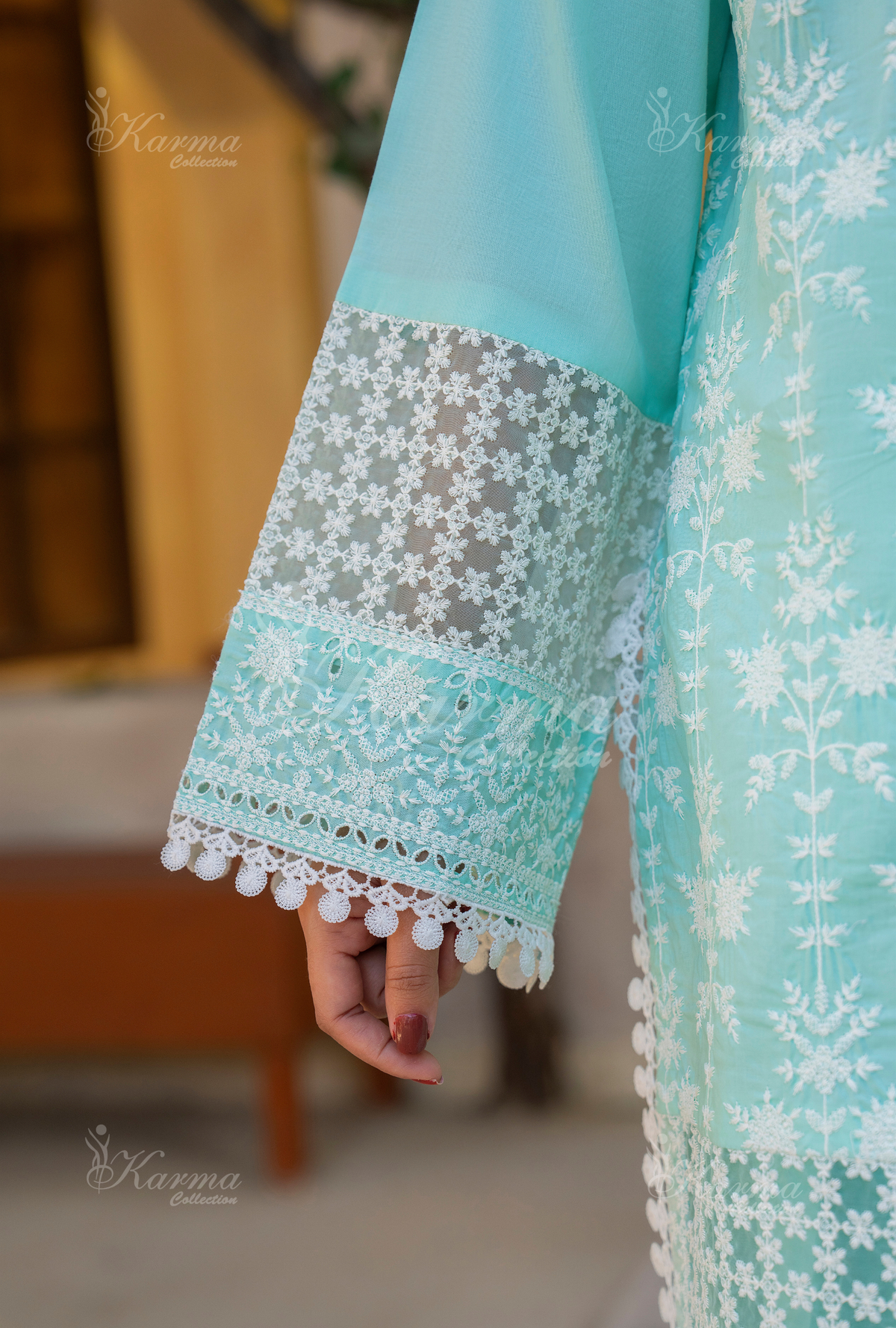 Karma Pastel Teal Embroidered Short Shirt Farshi Shalwar 3 Piece Suit - Product Image 5