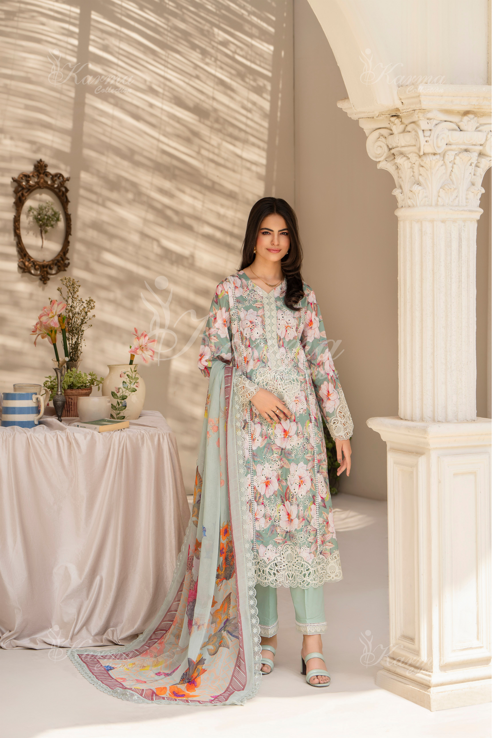 Karma Dark Turquoise Chikankari Lawn 3 Piece Stitched Suit