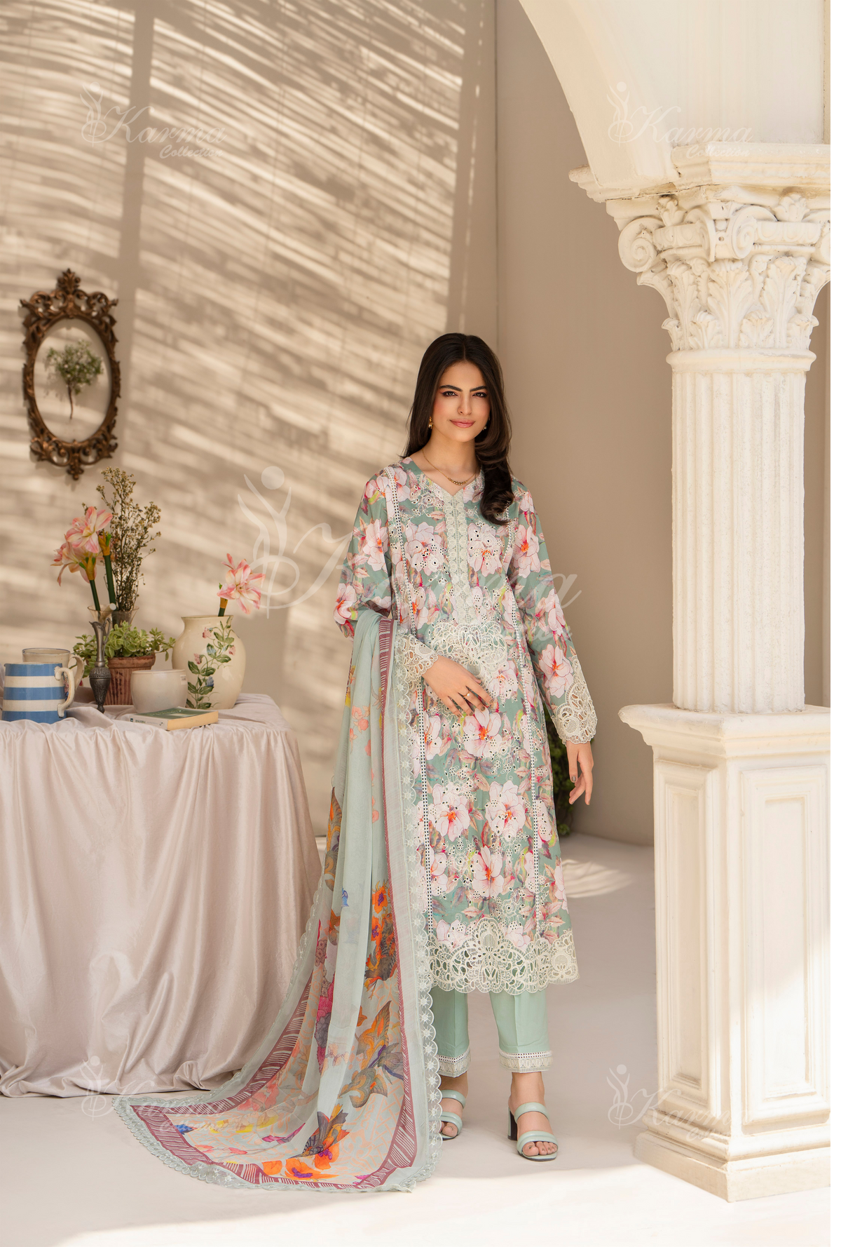 Karma Dark Turquoise Chikankari Lawn 3 Piece Stitched Suit