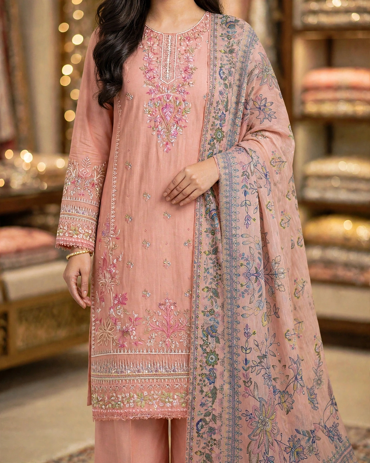 Dusty Peach Pink | Pure Cotton Long Shirt & Palazzo | Multicolor Floral Digital Dupatta | Sequence Tilla Zari | Luxury Festive