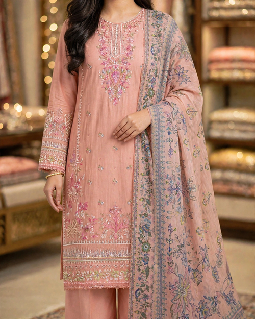 Dusty Peach Pink | Pure Cotton Long Shirt & Palazzo | Multicolor Floral Digital Dupatta | Sequence Tilla Zari | Luxury Festive