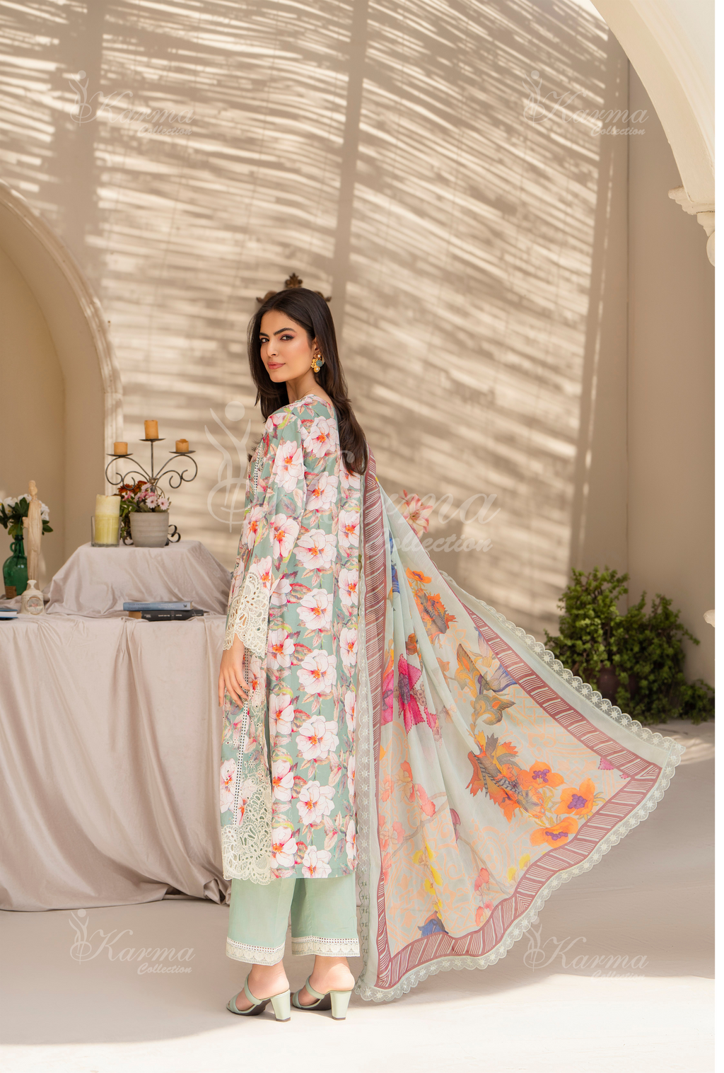 Karma Dark Turquoise Chikankari Lawn 3 Piece Stitched Suit
