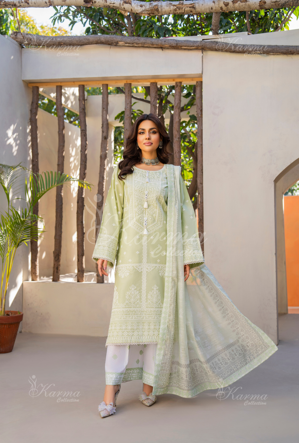 Karma Pistachio Mirror & Thread Work 3 Piece Stitched Suit - Product Image 1