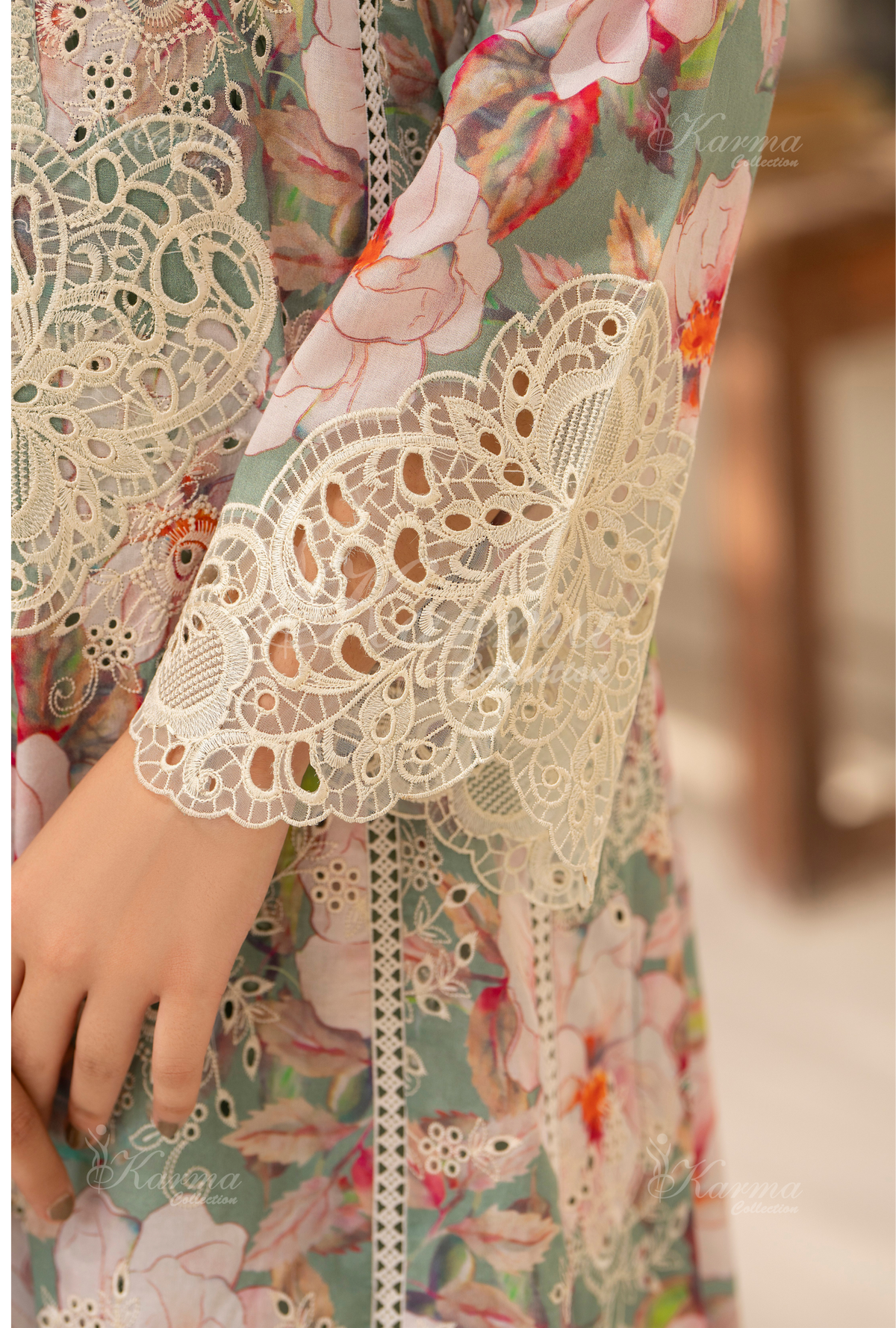 Karma Dark Turquoise Chikankari Lawn 3 Piece Stitched Suit