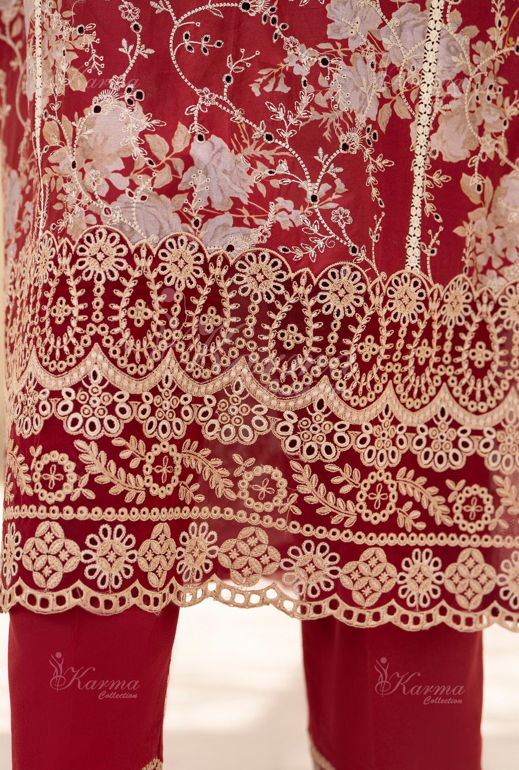 Karma Blush Red Chikankari Lawn 3 Piece Stitched Suit