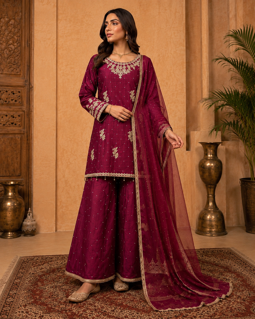 Burgundy (Rich Maroon) Handcrafted Slub Silk Sharara | Luxury Pret | 3 Pc