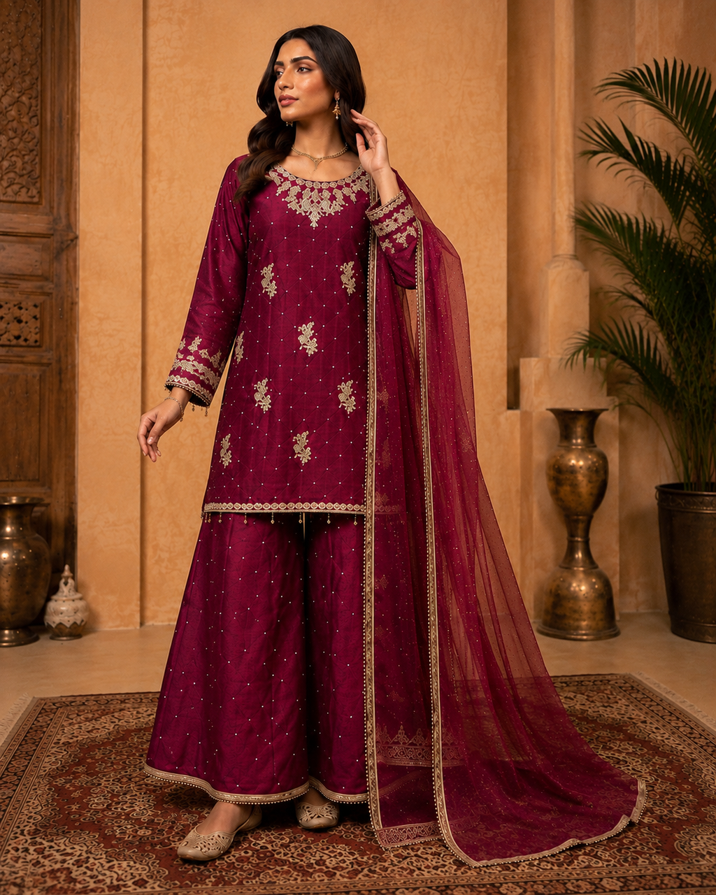 Burgundy (Rich Maroon) Handcrafted Slub Silk Sharara | Luxury Pret | 3 Pc