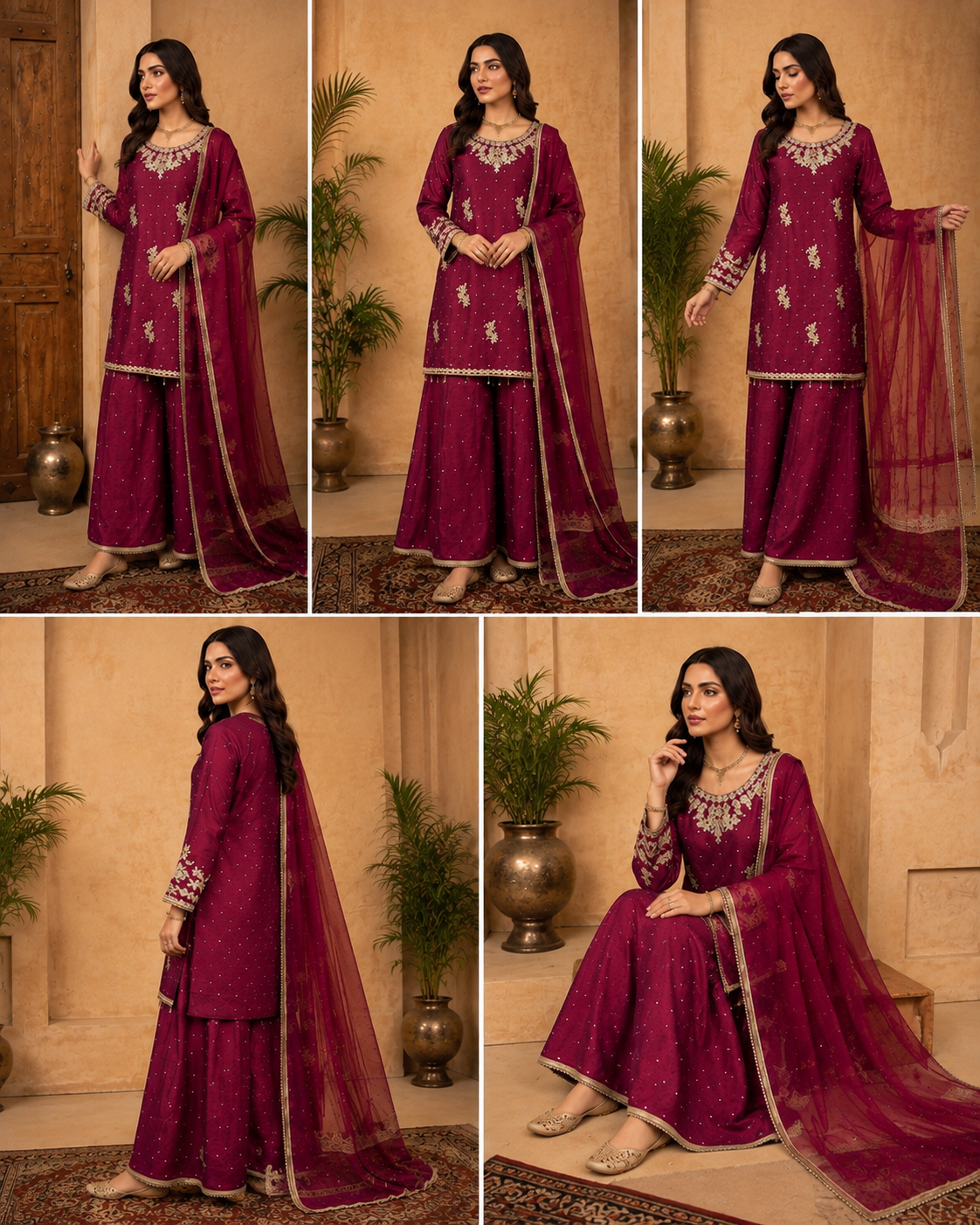 Burgundy (Rich Maroon) Handcrafted Slub Silk Sharara | Luxury Pret | 3 Pc