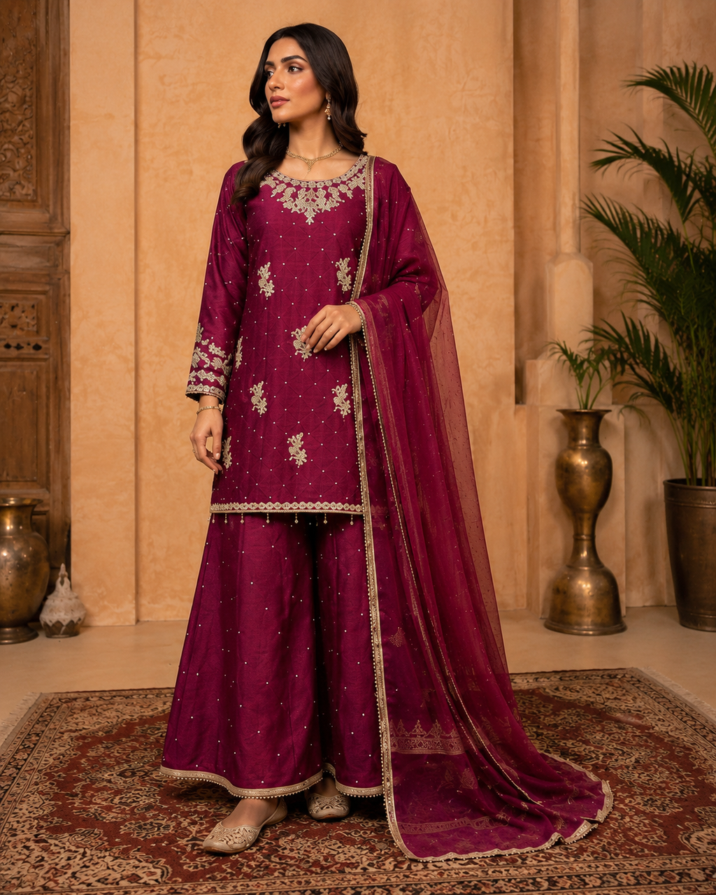 Burgundy (Rich Maroon) Handcrafted Slub Silk Sharara | Luxury Pret | 3 Pc