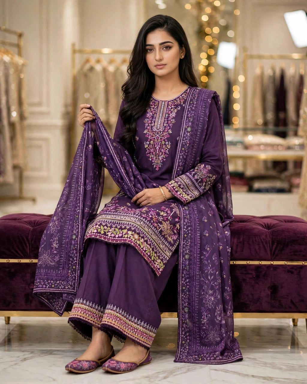 Midnight Plum | Pure Cotton Long Shirt & Palazzo Set | Digital Dupatta | Sequence Tilla & Zari Work | Festive Edit