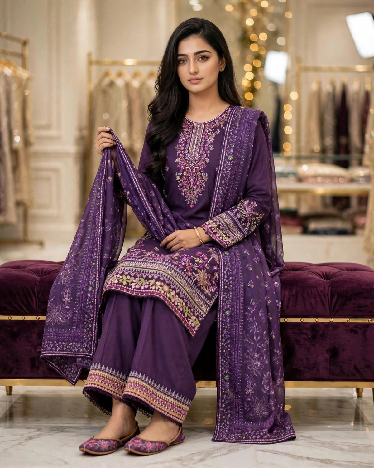 Midnight Plum | Pure Cotton Long Shirt & Palazzo Set | Digital Dupatta | Sequence Tilla & Zari Work | Festive Edit