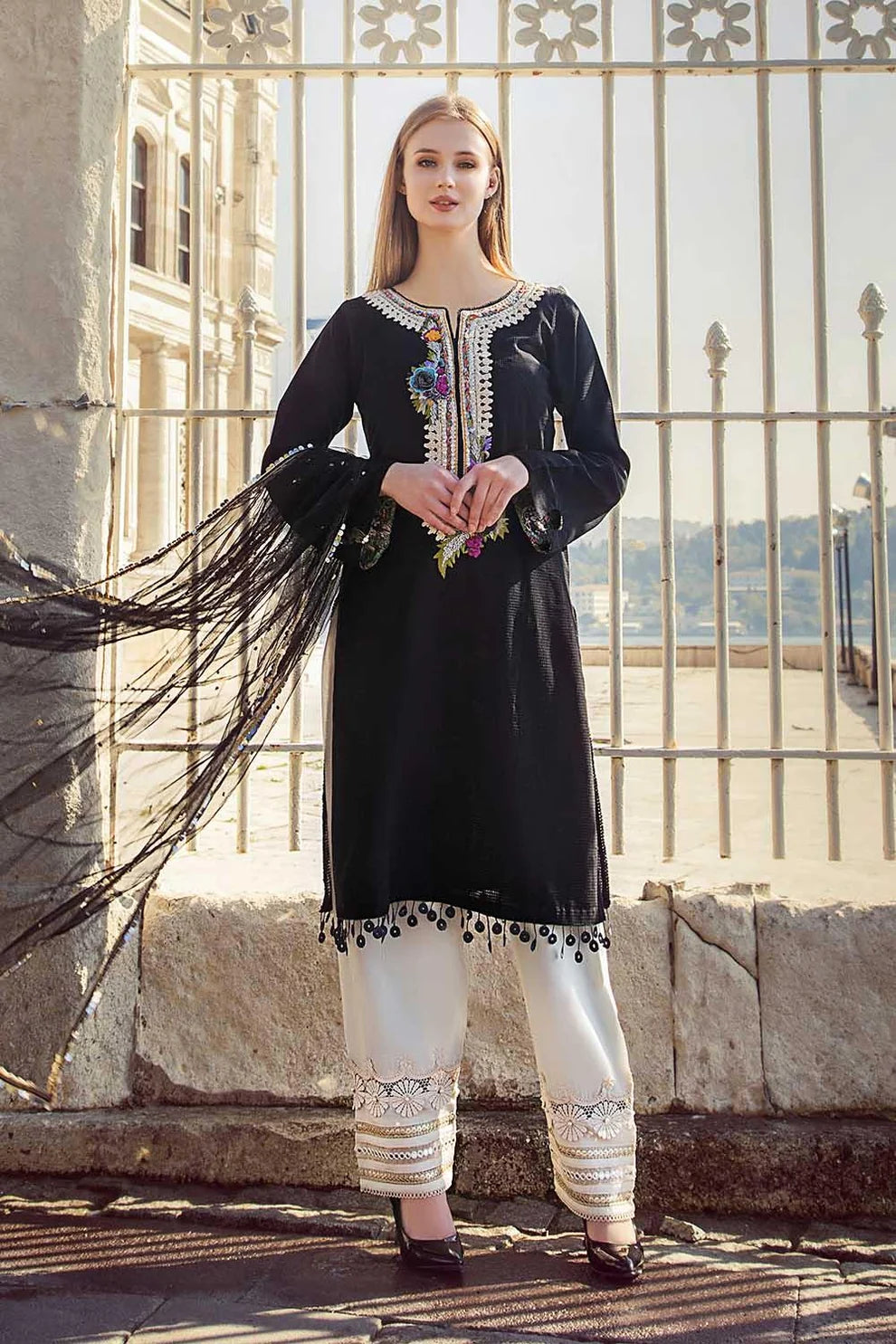 Khuda Baksh | Jet Black Hand Embroidered Pure Khadi Doria Cotton Luxury Pret | 3-Piece Ready to Wear