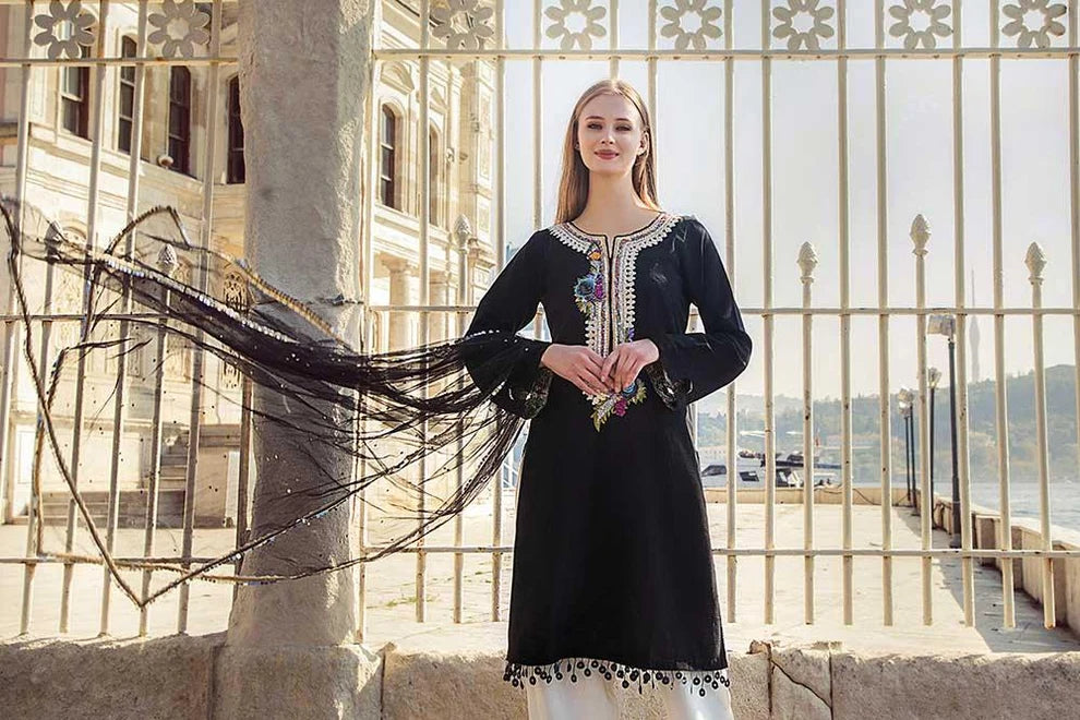 Khuda Baksh | Jet Black Hand Embroidered Pure Khadi Doria Cotton Luxury Pret | 3-Piece Ready to Wear